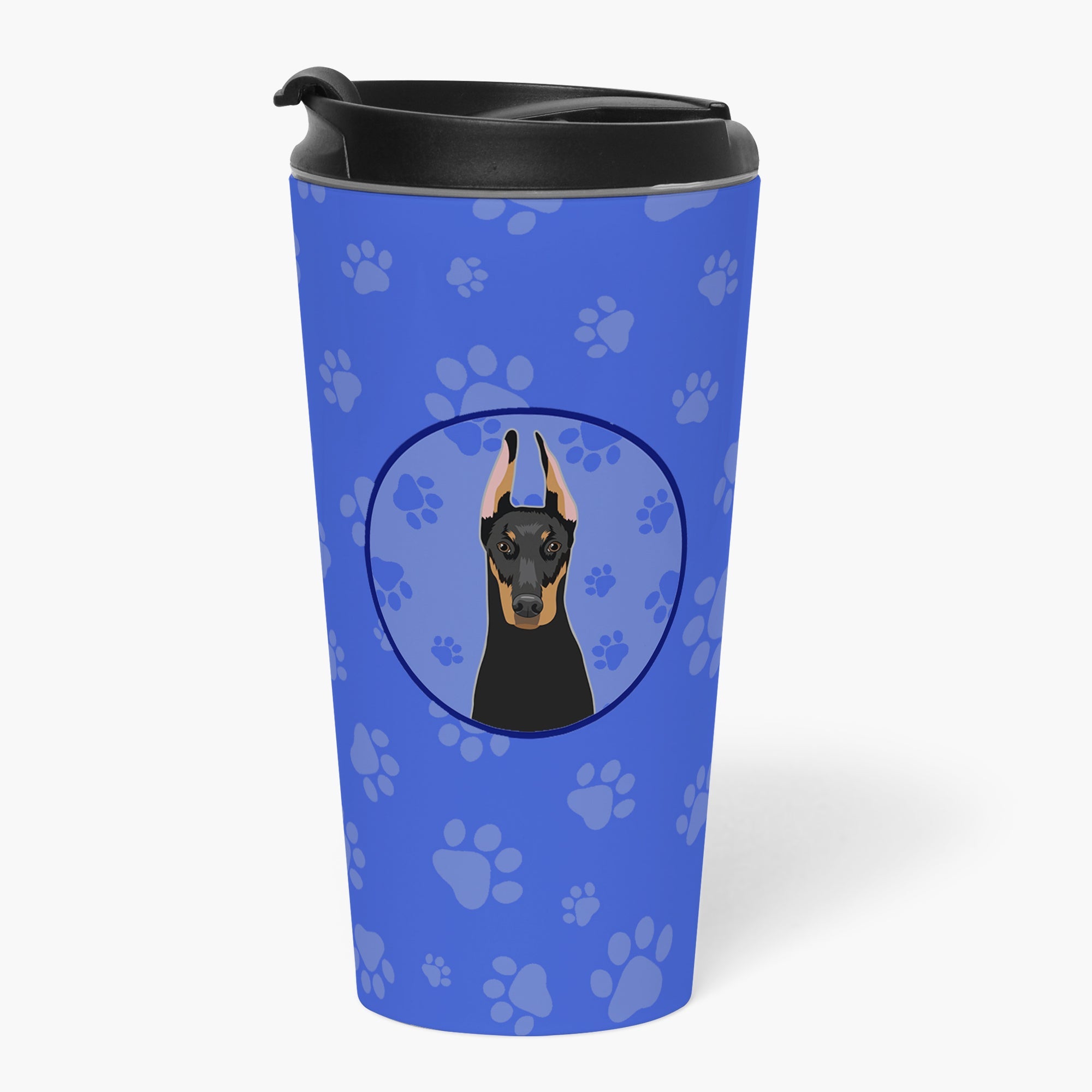 Doberman Pinscher Black and Rust Cropped Ears Stainless Steel 16 oz Tumbler Blue Insulated Tumbler with Lid, Cute Travel Cup for Coffee, Cocktails, Gift Men, Dad, Women, Mother