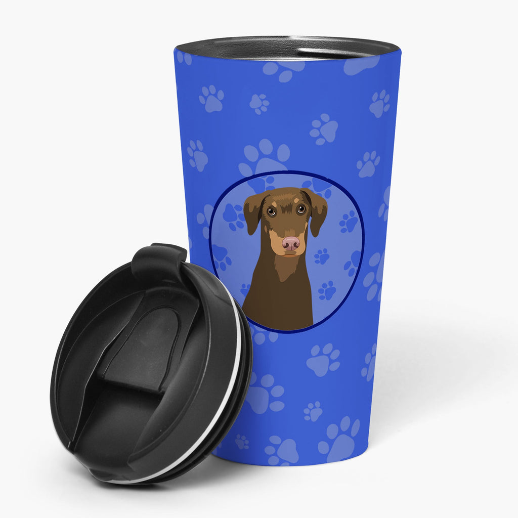 Doberman Pinscher Red and Rust Natural Ears #2 Stainless Steel 16 oz Tumbler Blue Insulated Tumbler with Lid, Cute Travel Cup for Coffee, Cocktails, Gift Men, Dad, Women, Mother