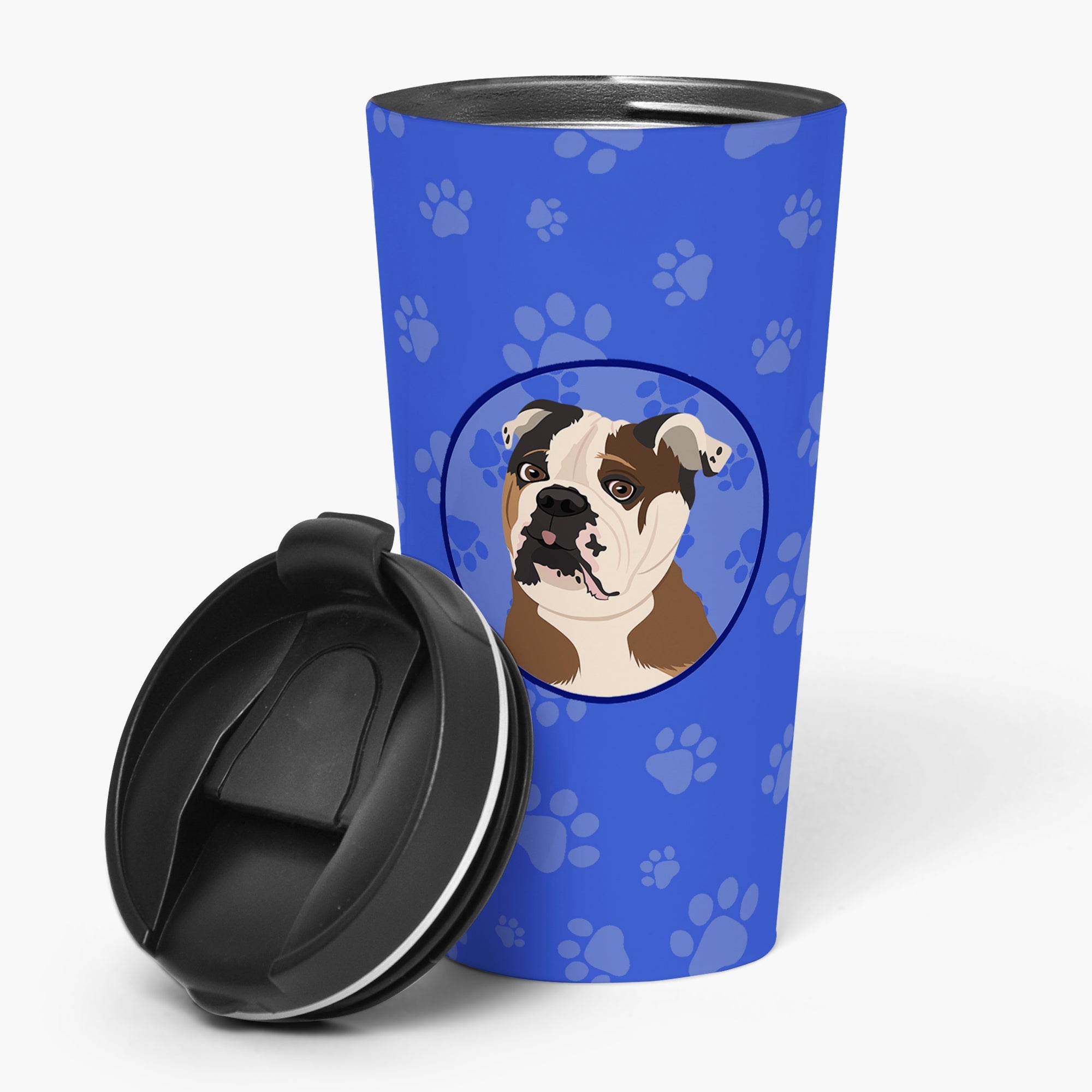 English Bulldog Chocolate Tan Stainless Steel 16 oz Tumbler Blue Insulated Tumbler with Lid, Cute Travel Cup for Coffee, Cocktails, Gift Men, Dad, Women, Mother