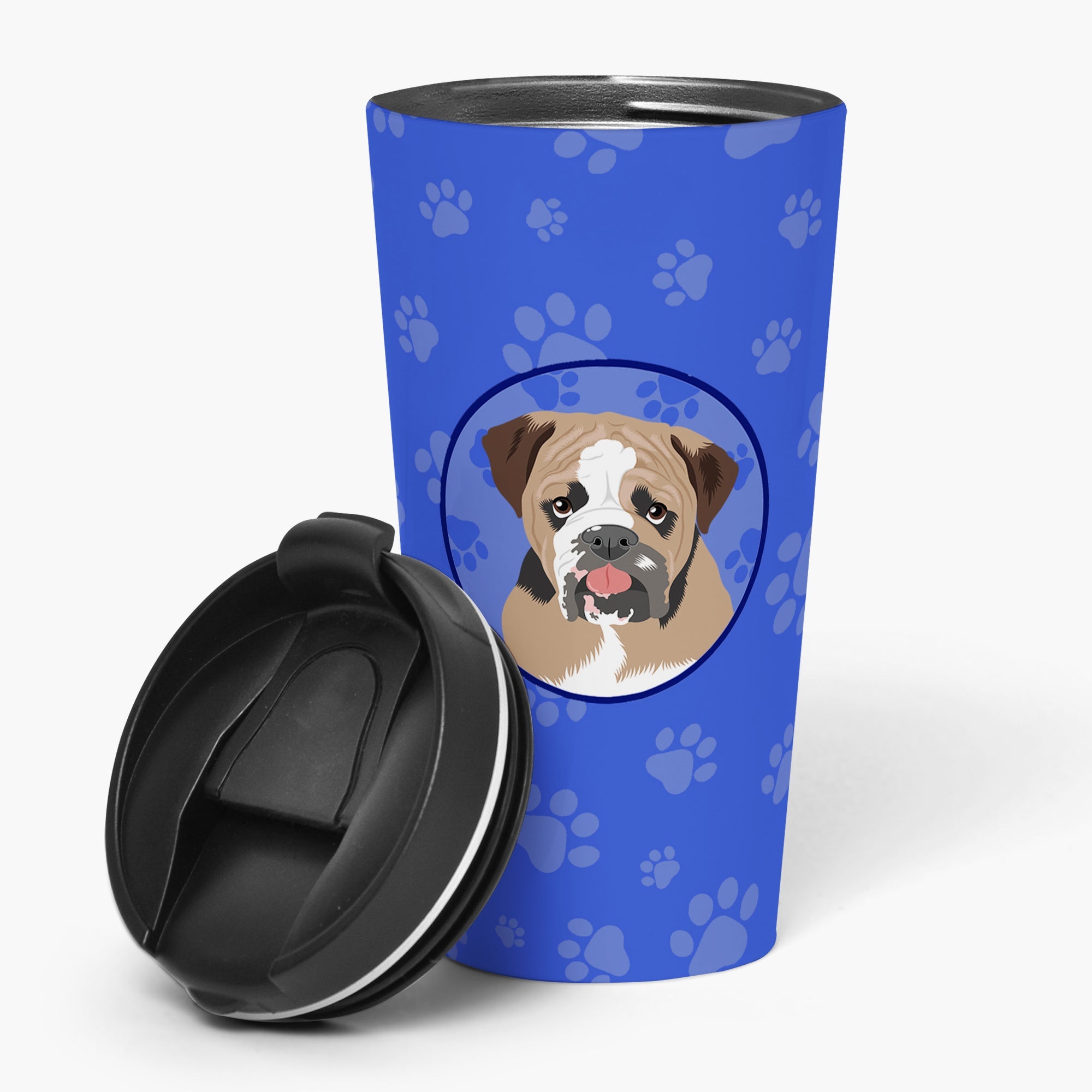 English Bulldog Tricolor #4 Stainless Steel 16 oz Tumbler Blue Insulated Tumbler with Lid, Cute Travel Cup for Coffee, Cocktails, Gift Men, Dad, Women, Mother