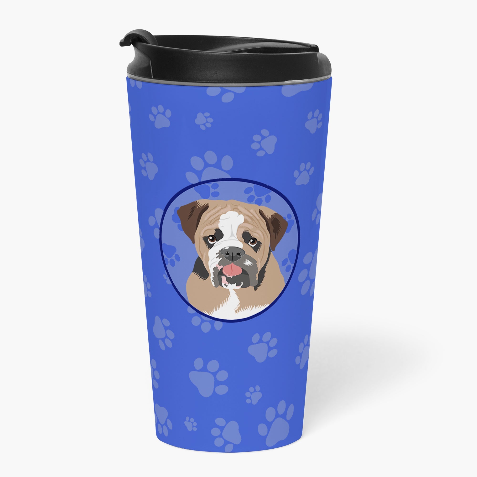 English Bulldog Tricolor #4 Stainless Steel 16 oz Tumbler Blue Insulated Tumbler with Lid, Cute Travel Cup for Coffee, Cocktails, Gift Men, Dad, Women, Mother