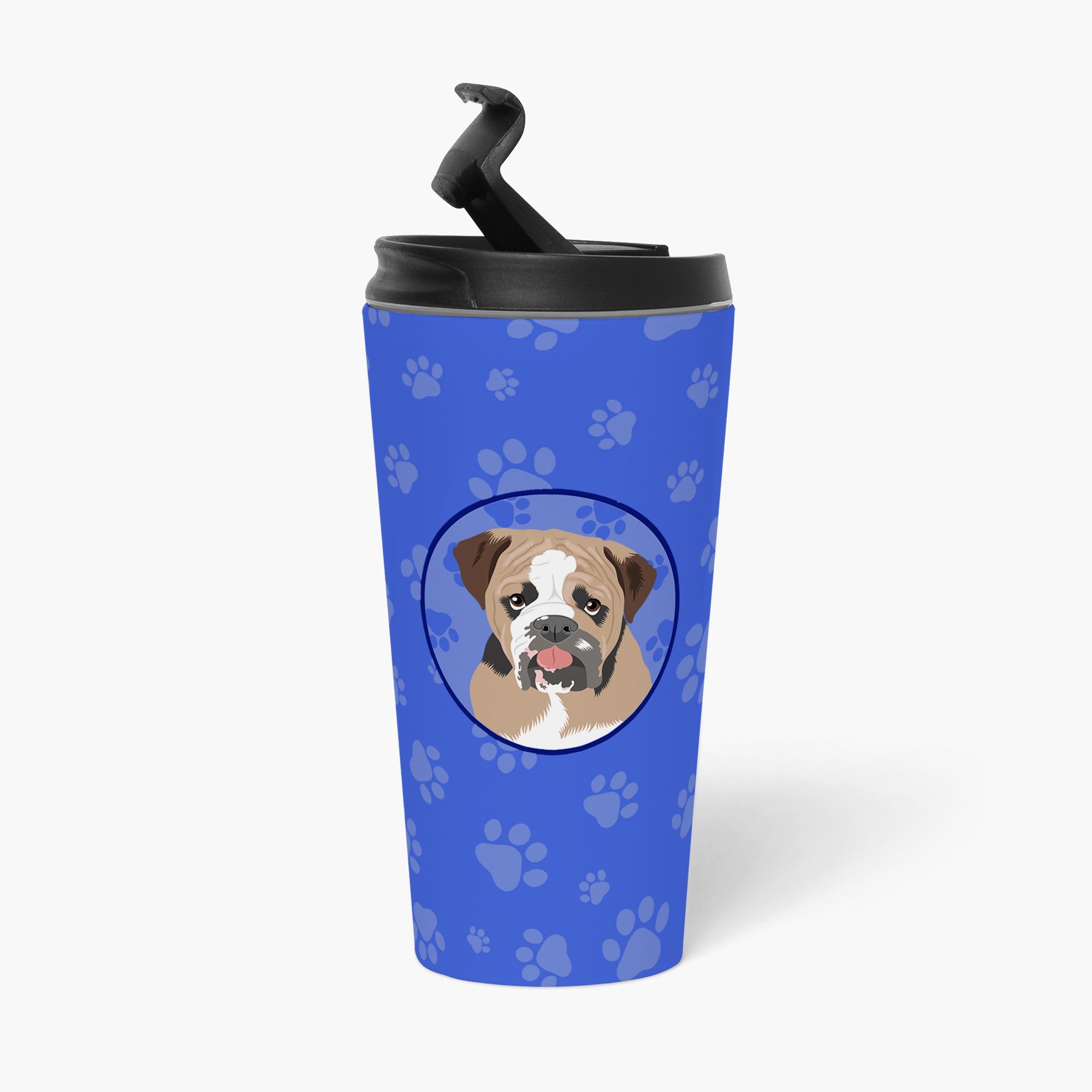 English Bulldog Tricolor #4 Stainless Steel 16 oz Tumbler Blue Insulated Tumbler with Lid, Cute Travel Cup for Coffee, Cocktails, Gift Men, Dad, Women, Mother