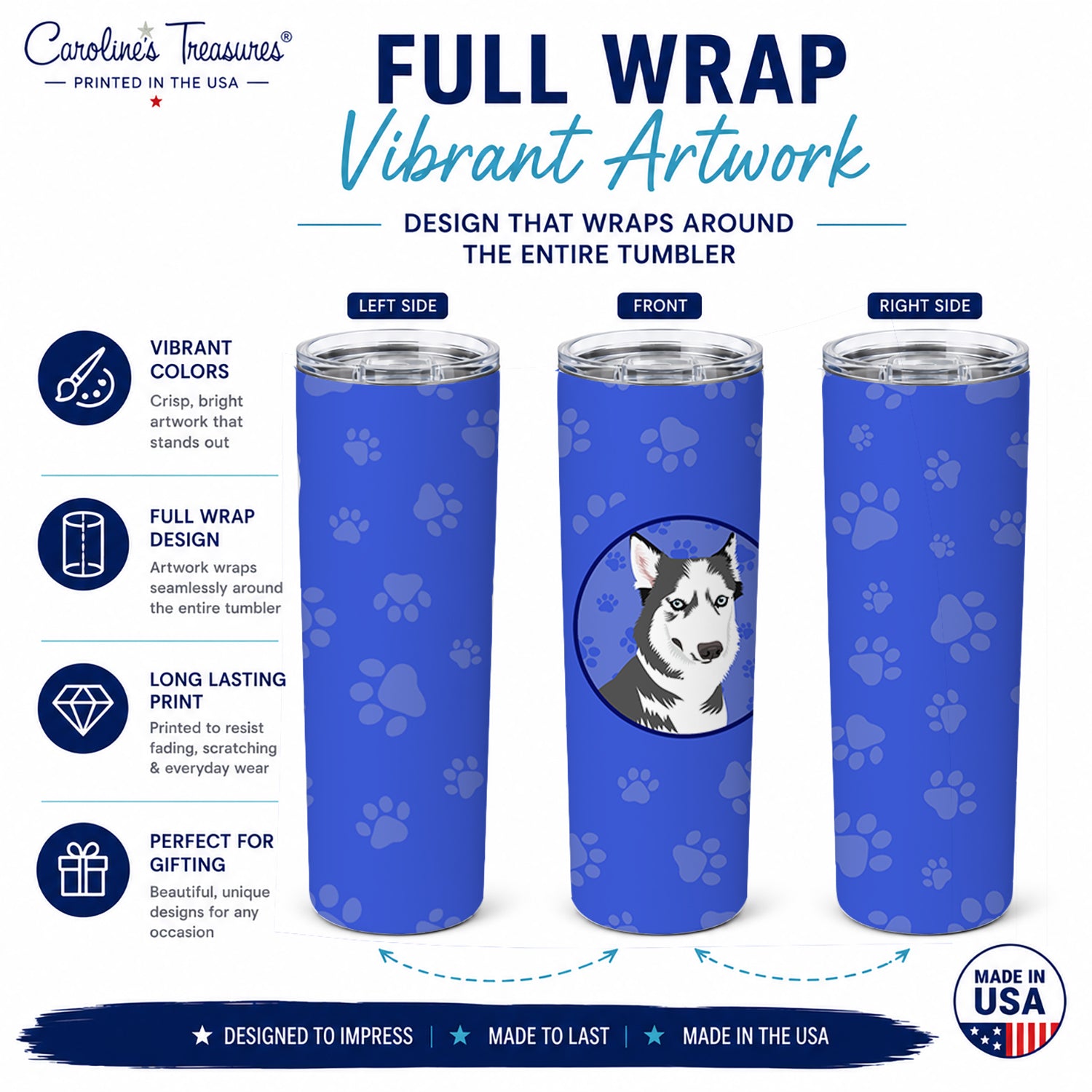 Siberian Husky Silver and White #2  Stainless Steel Skinny Tumbler 20 oz Vacuum Double Walled Reusable Insulated Travel Cup