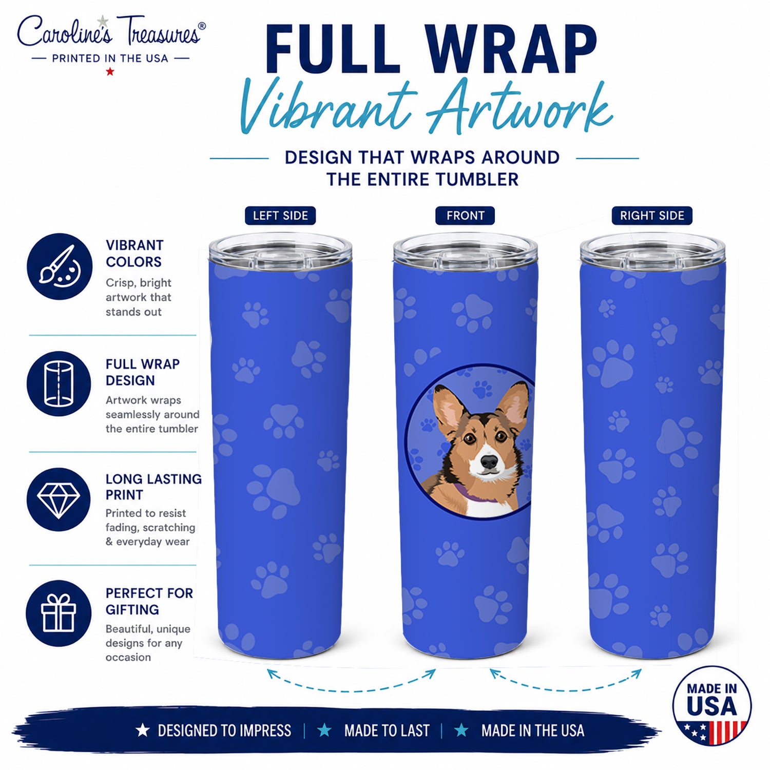 Pembroke Welsh Corgi Sable and White  Stainless Steel Skinny Tumbler 20 oz Vacuum Double Walled Reusable Insulated Travel Cup