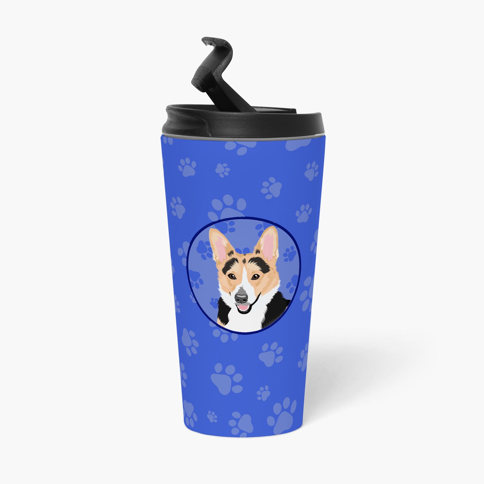Pembroke Welsh Corgi Tricolor Red-Headed Stainless Steel 16 oz Tumbler Blue Insulated Tumbler with Lid, Cute Travel Cup for Coffee, Cocktails, Gift Men, Dad, Women, Mother