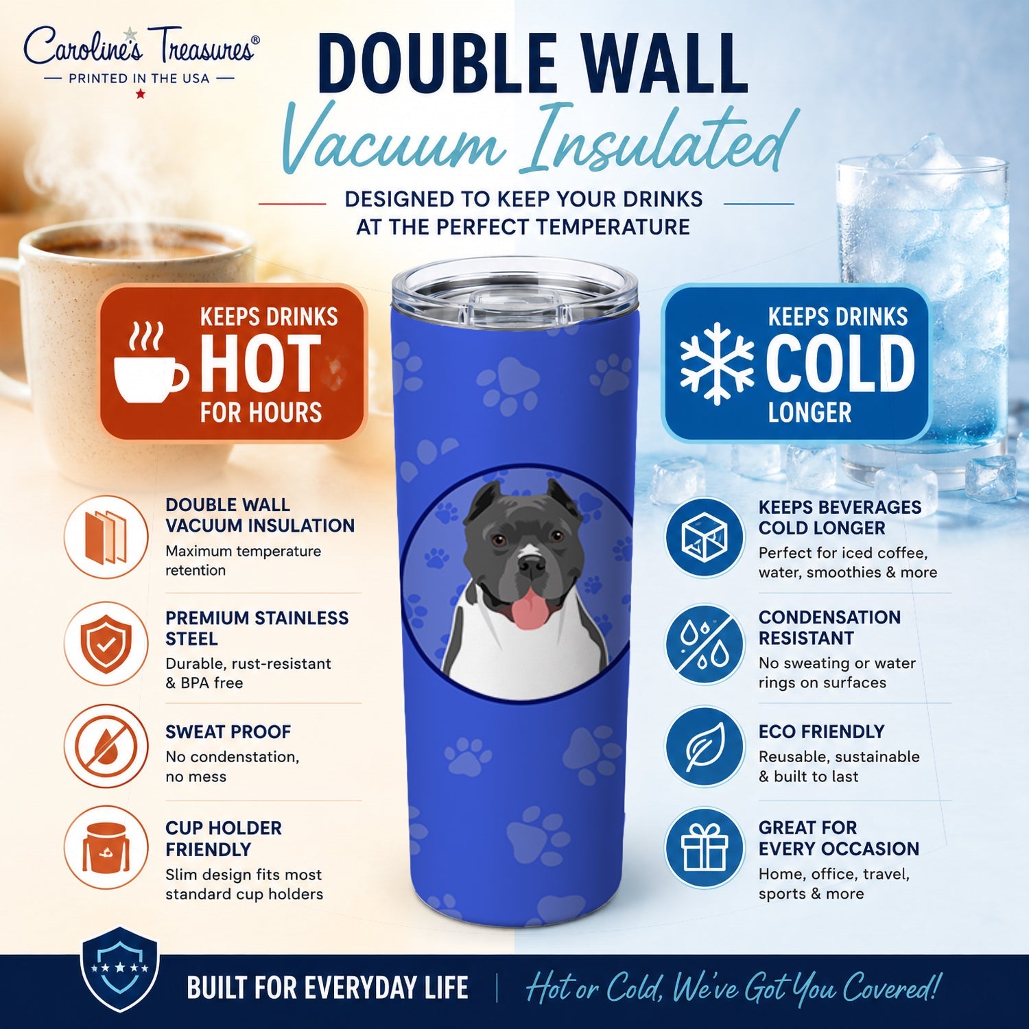 Pit Bull Blue #7  Stainless Steel Skinny Tumbler 20 oz Vacuum Double Walled Reusable Insulated Travel Cup