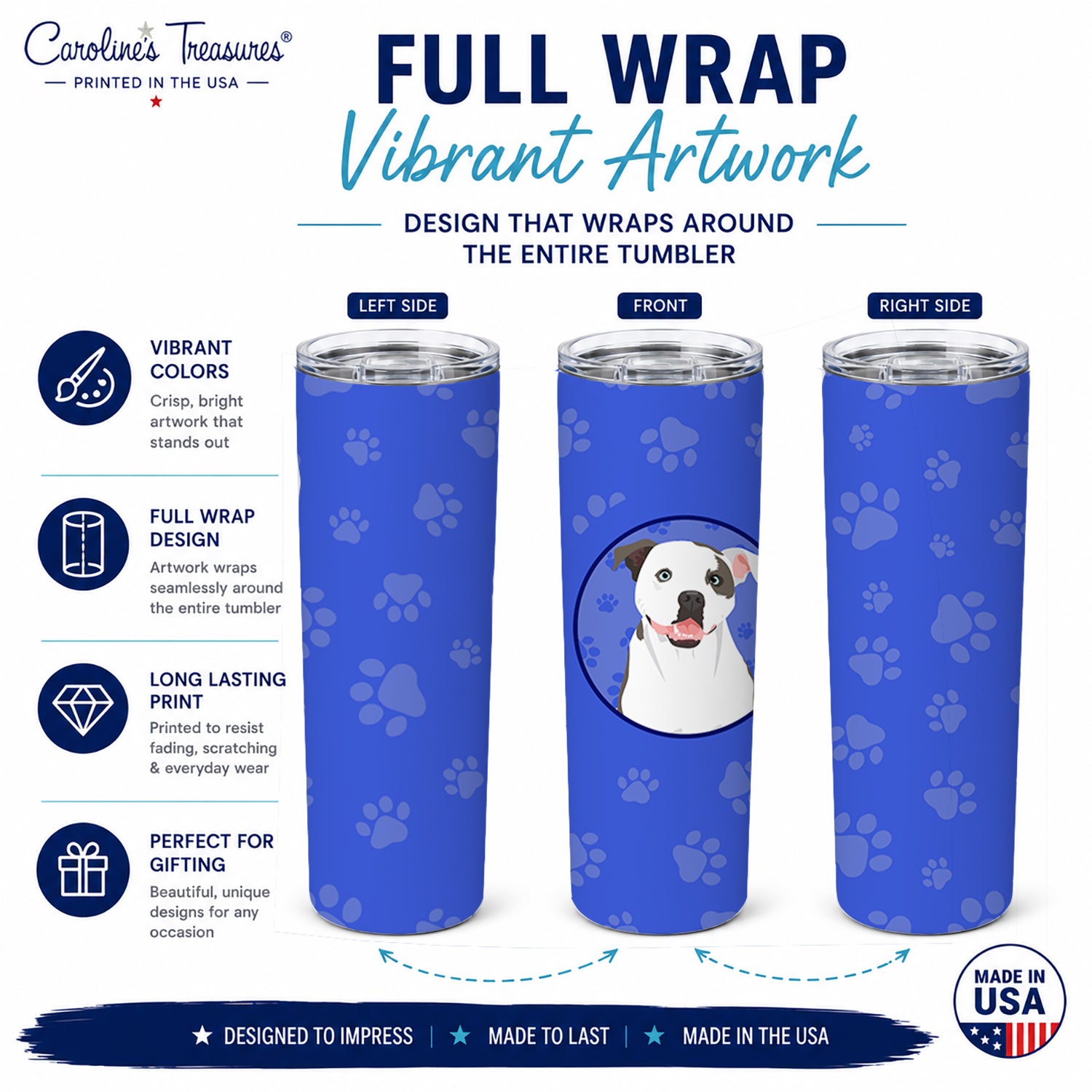 Pit Bull White #3  Stainless Steel Skinny Tumbler 20 oz Vacuum Double Walled Reusable Insulated Travel Cup
