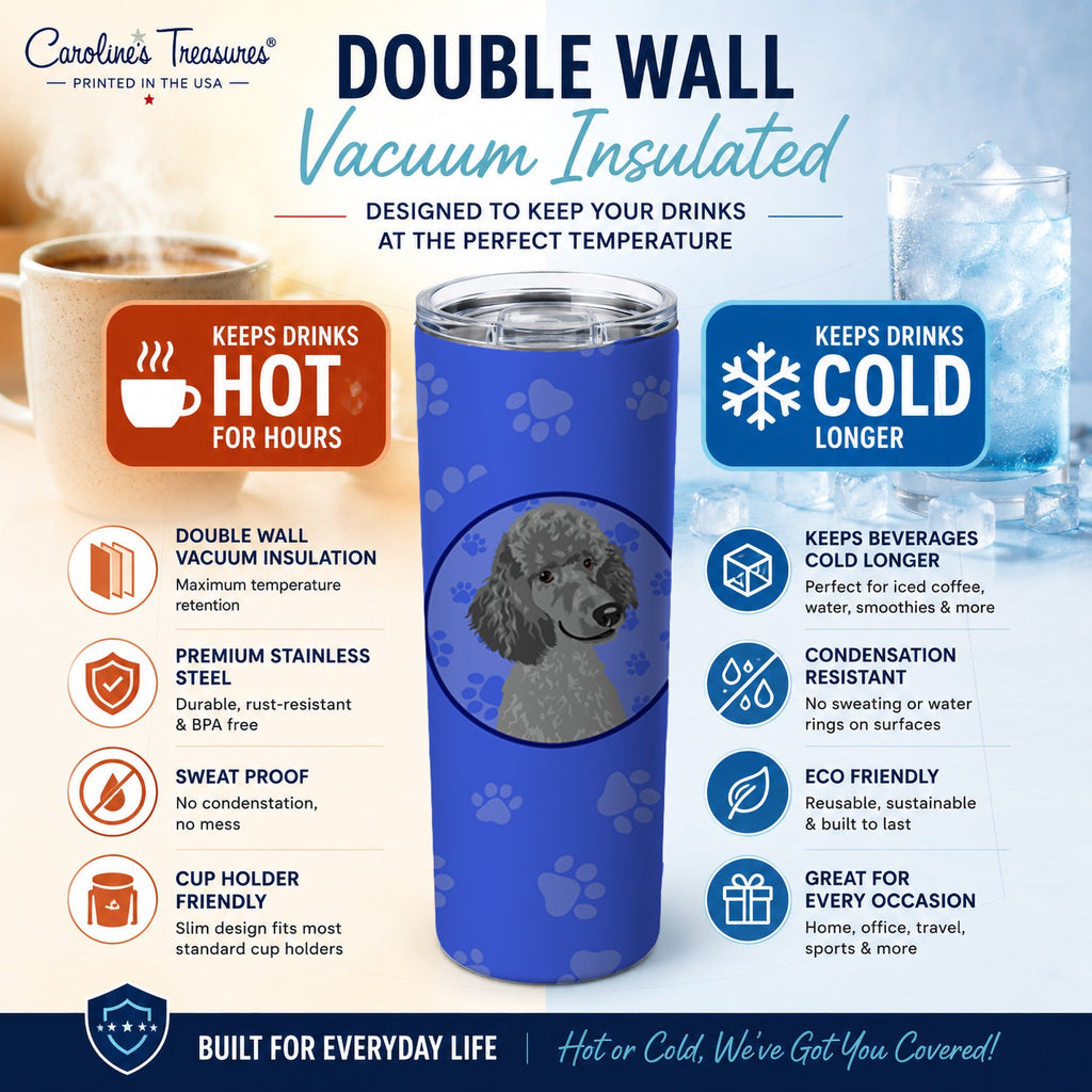 Poodle Standard Gray  Stainless Steel Skinny Tumbler 20 oz Vacuum Double Walled Reusable Insulated Travel Cup