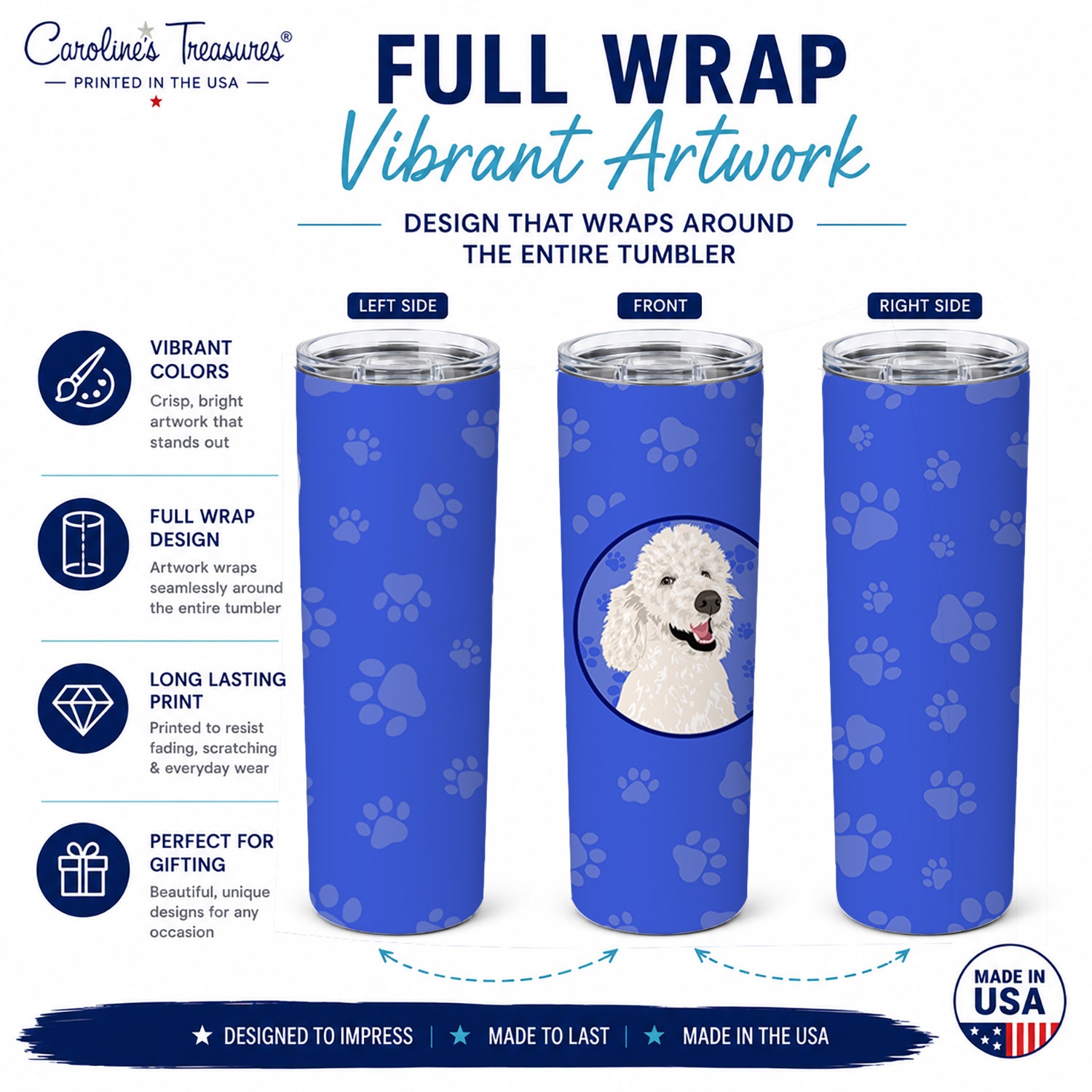 Poodle Standard White  Stainless Steel Skinny Tumbler 20 oz Vacuum Double Walled Reusable Insulated Travel Cup