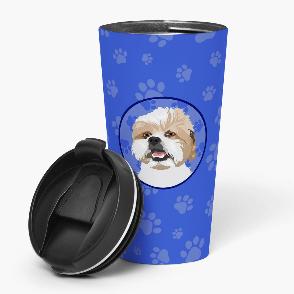 Shih-Tzu Silver Gold and White Stainless Steel 16 oz Tumbler Blue Insulated Tumbler with Lid, Cute Travel Cup for Coffee, Cocktails, Gift Men, Dad, Women, Mother