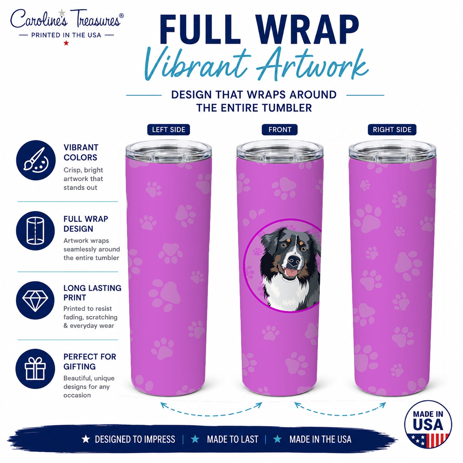 Australian Shepherd Black Tricolor #1  Stainless Steel Skinny Tumbler 20 oz Vacuum Double Walled Reusable Insulated Travel Cup