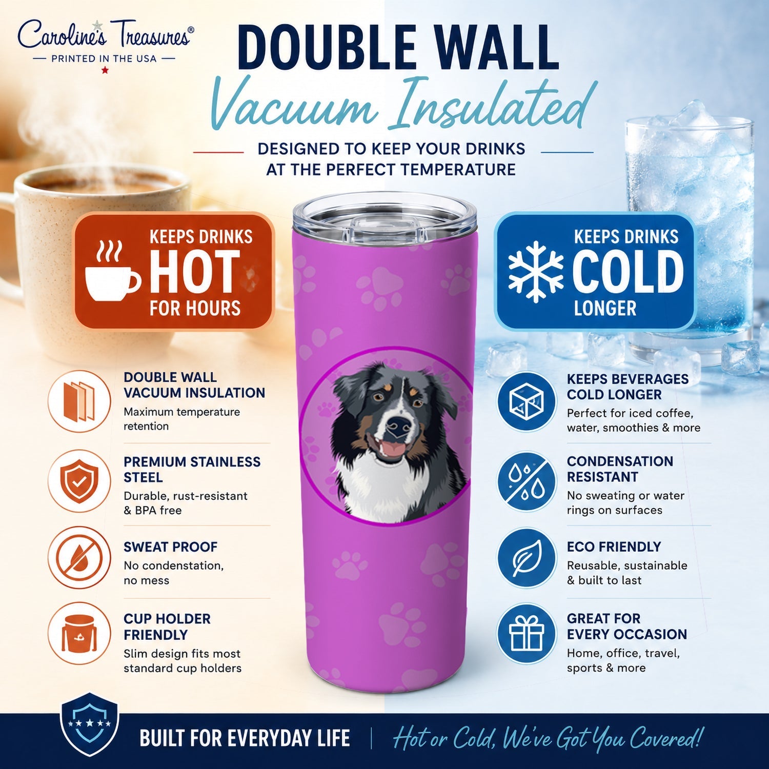 Australian Shepherd Black Tricolor #1  Stainless Steel Skinny Tumbler 20 oz Vacuum Double Walled Reusable Insulated Travel Cup