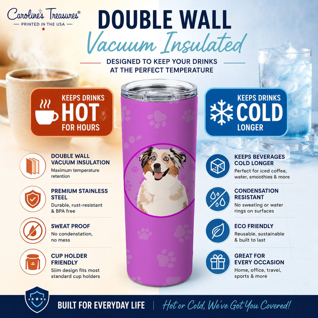 Australian Shepherd Red Merle Tricolor #2 Stainless Steel Skinny Tumbler 20 oz Vacuum Double Walled Reusable Insulated Travel Cup