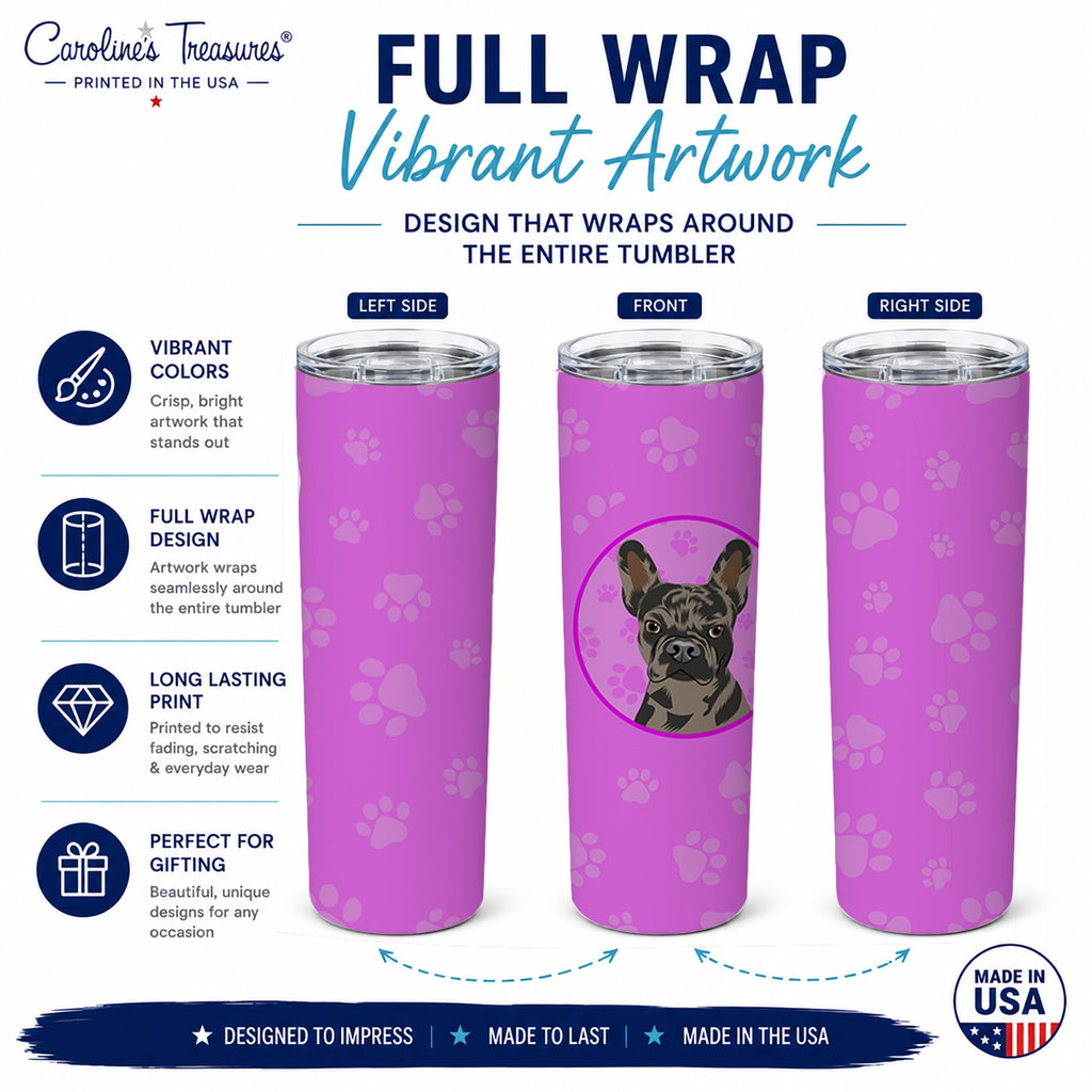 French Bulldog Chocolate Stainless Steel Skinny Tumbler 20 oz Vacuum Double Walled Reusable Insulated Travel Cup
