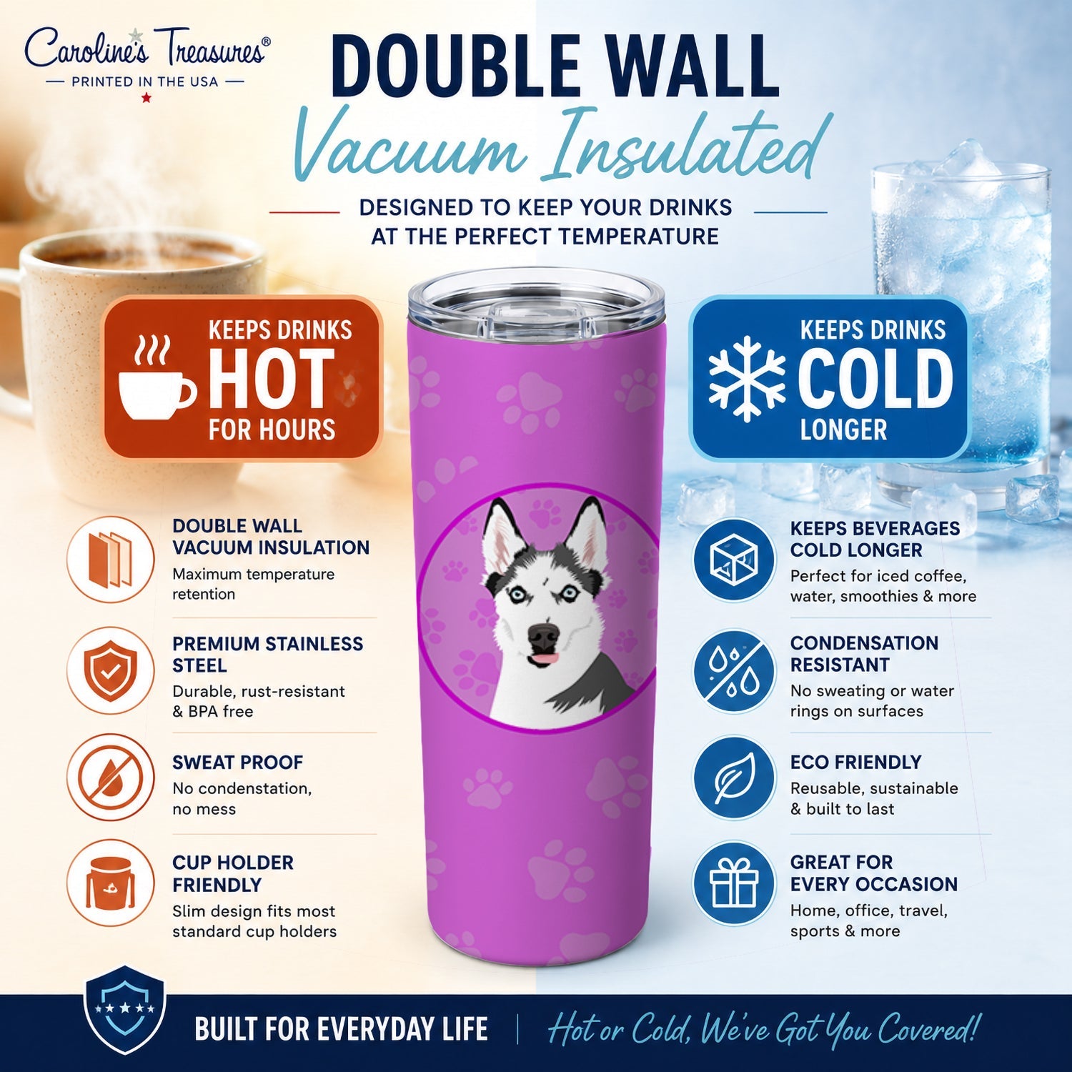 Siberian Husky Puppy Stainless Steel Skinny Tumbler 20 oz Vacuum Double Walled Reusable Insulated Travel Cup