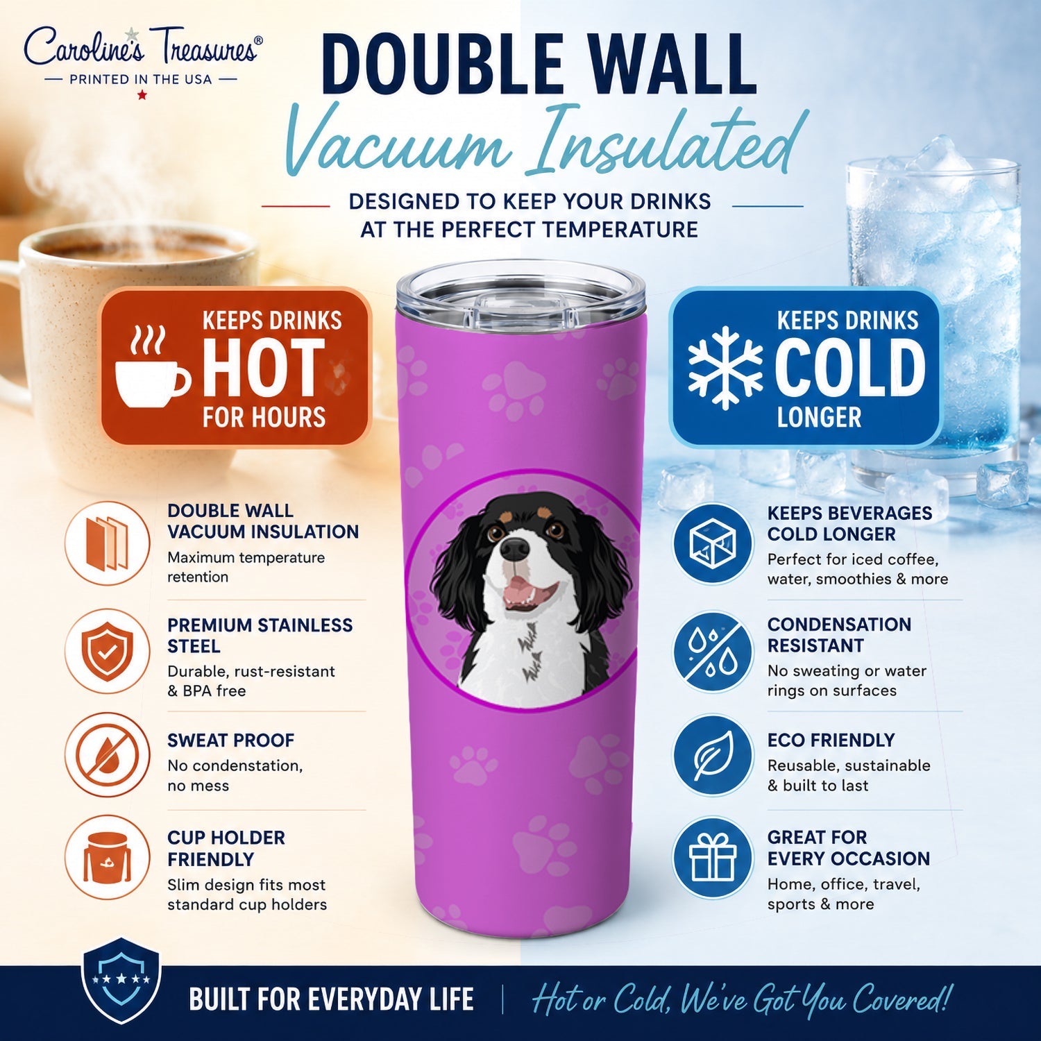 Cavalier King Charles Spaniel Tricolor #2 Stainless Steel Skinny Tumbler 20 oz Vacuum Double Walled Reusable Insulated Travel Cup