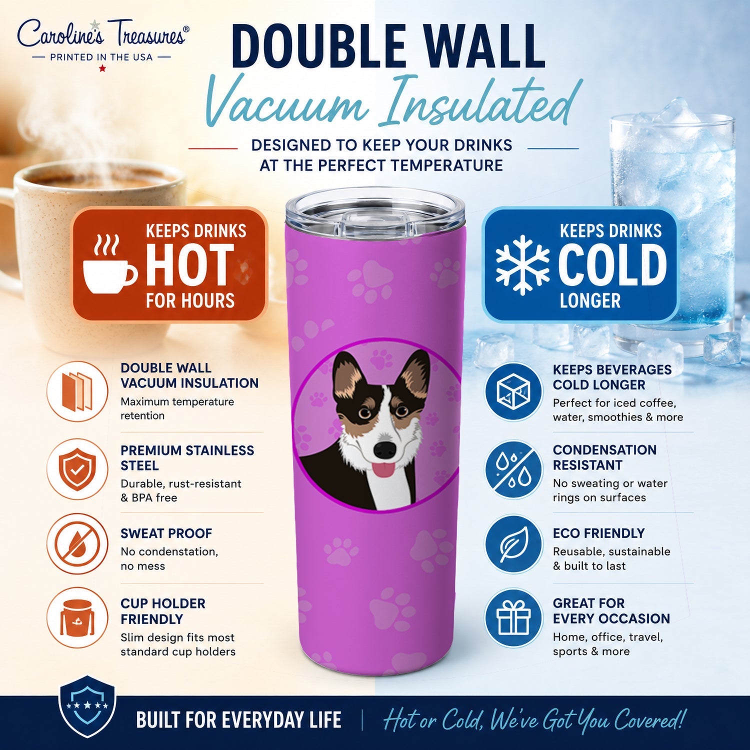 Pembroke Welsh Corgi Tricolor Black-Headed #2 Stainless Steel Skinny Tumbler 20 oz Vacuum Double Walled Reusable Insulated Travel Cup