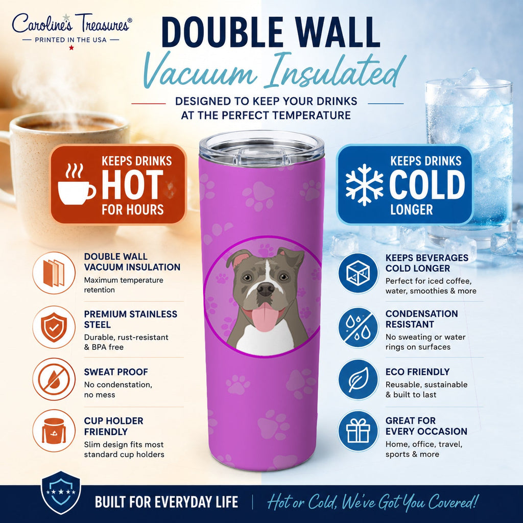 Pit Bull Blue #2 Stainless Steel Skinny Tumbler 20 oz Vacuum Double Walled Reusable Insulated Travel Cup