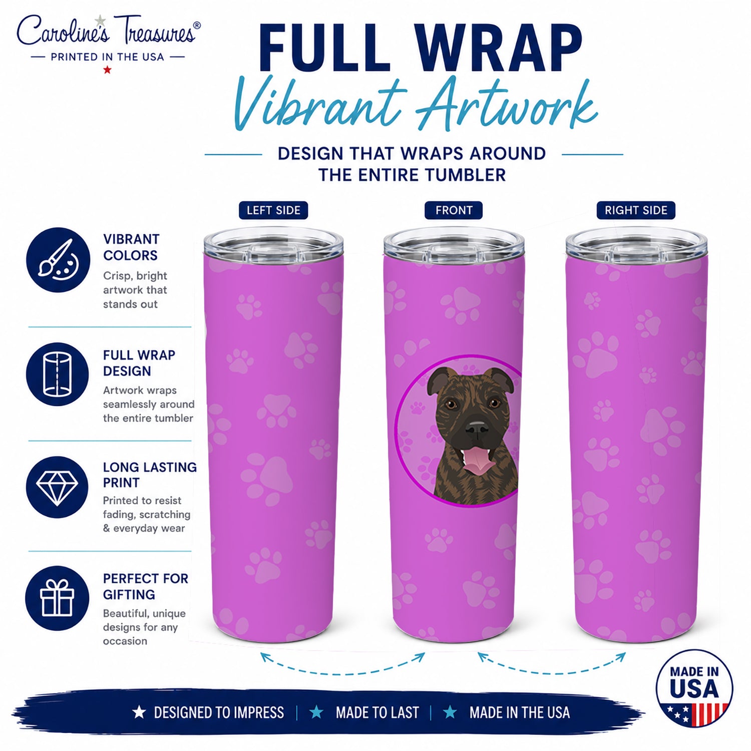 Pit Bull Brindle #1 Stainless Steel Skinny Tumbler 20 oz Vacuum Double Walled Reusable Insulated Travel Cup