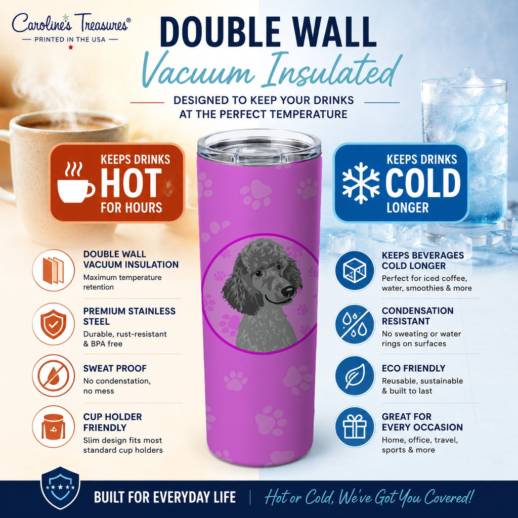 Poodle Standard Gray Stainless Steel Skinny Tumbler 20 oz Vacuum Double Walled Reusable Insulated Travel Cup