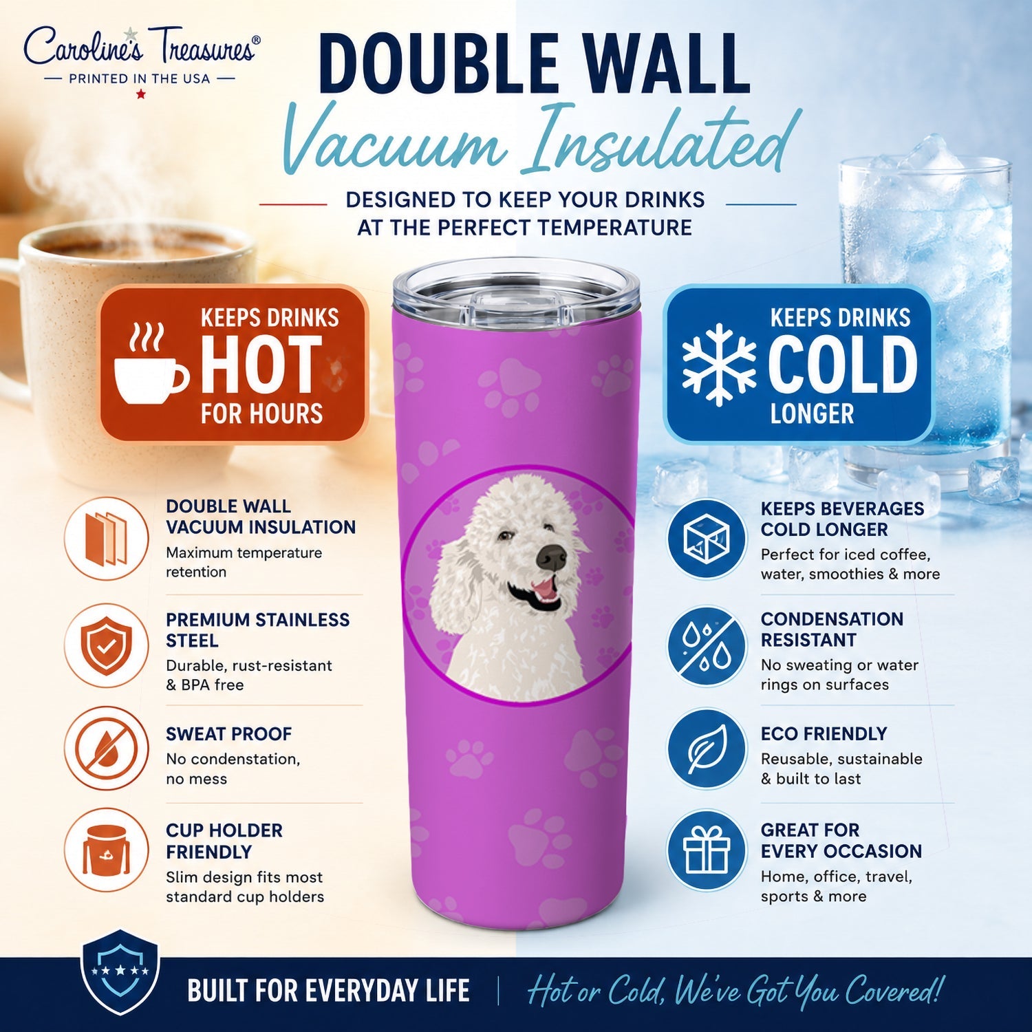 Poodle Standard White Stainless Steel Skinny Tumbler 20 oz Vacuum Double Walled Reusable Insulated Travel Cup