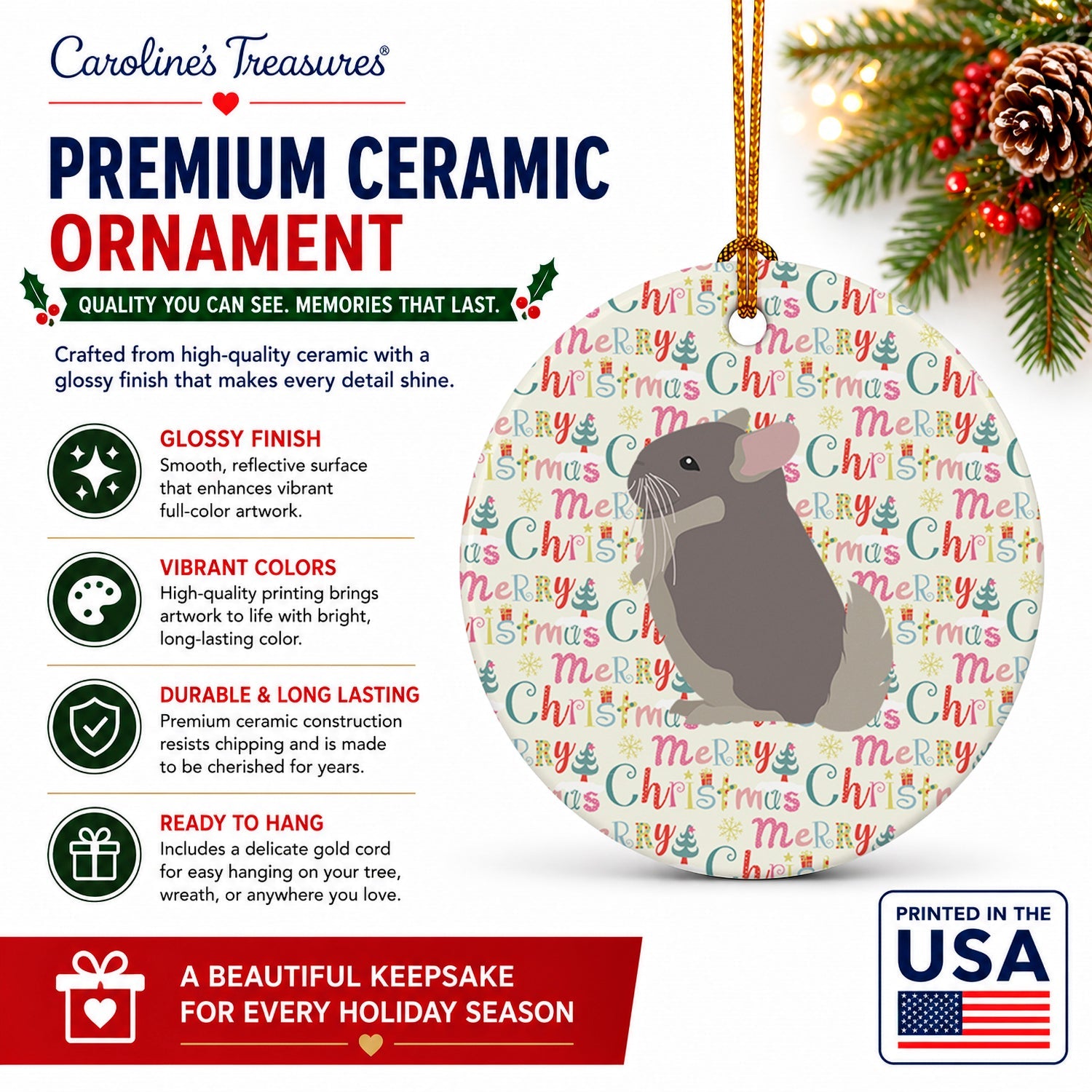 Beige Wellman Chinchilla Christmas Ceramic Ornament Christmas Tree Hanging Decorations for Home Christmas Holiday, Party, Gift, 3 in, Multicolor