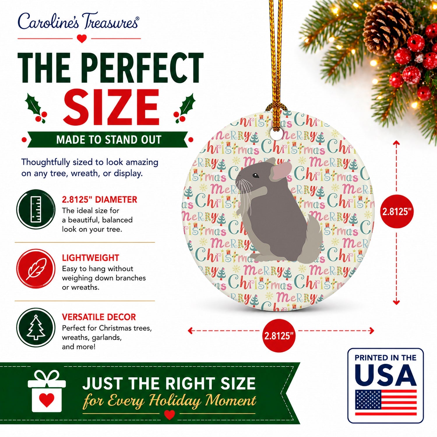 Beige Wellman Chinchilla Christmas Ceramic Ornament Christmas Tree Hanging Decorations for Home Christmas Holiday, Party, Gift, 3 in, Multicolor