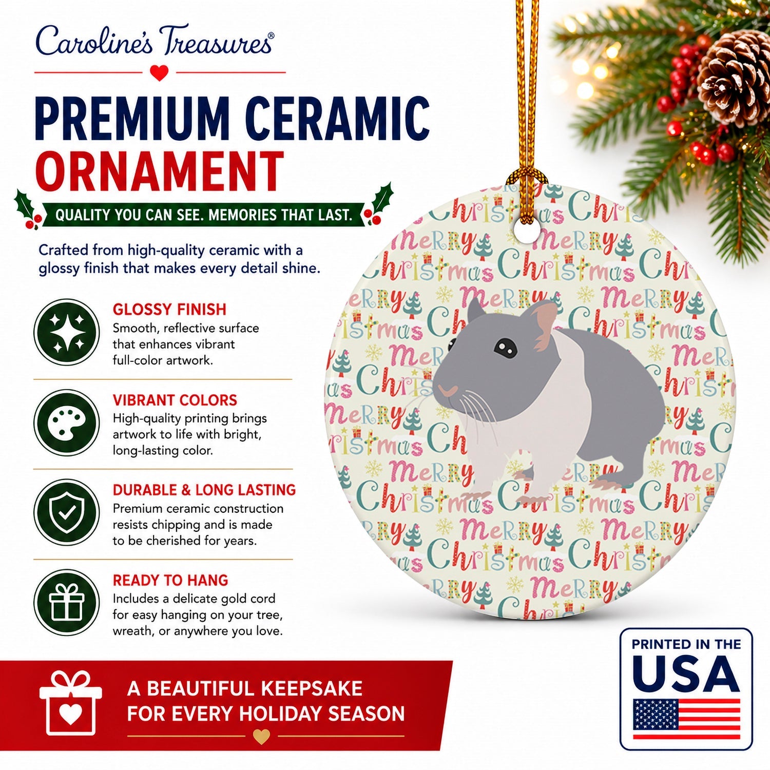 South African Hamster Christmas Ceramic Ornament Christmas Tree Hanging Decorations for Home Christmas Holiday, Party, Gift, 3 in, Multicolor