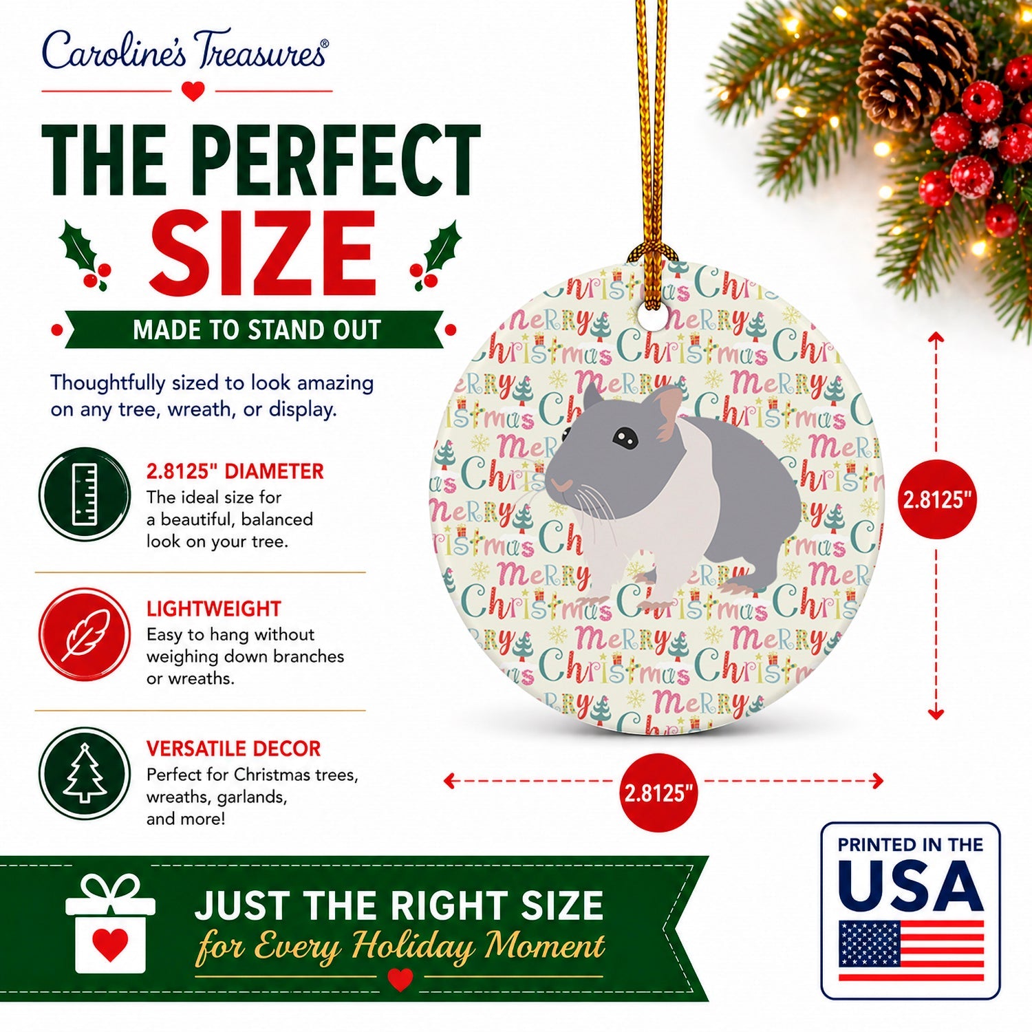 South African Hamster Christmas Ceramic Ornament Christmas Tree Hanging Decorations for Home Christmas Holiday, Party, Gift, 3 in, Multicolor