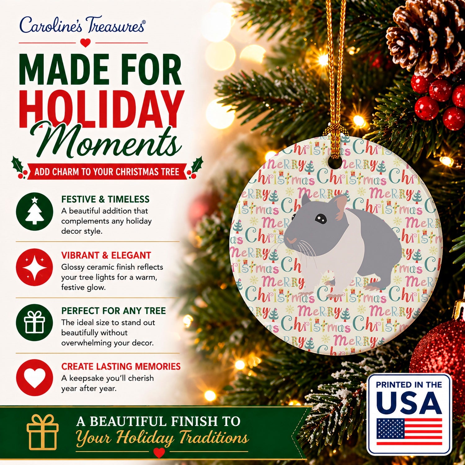 South African Hamster Christmas Ceramic Ornament Christmas Tree Hanging Decorations for Home Christmas Holiday, Party, Gift, 3 in, Multicolor