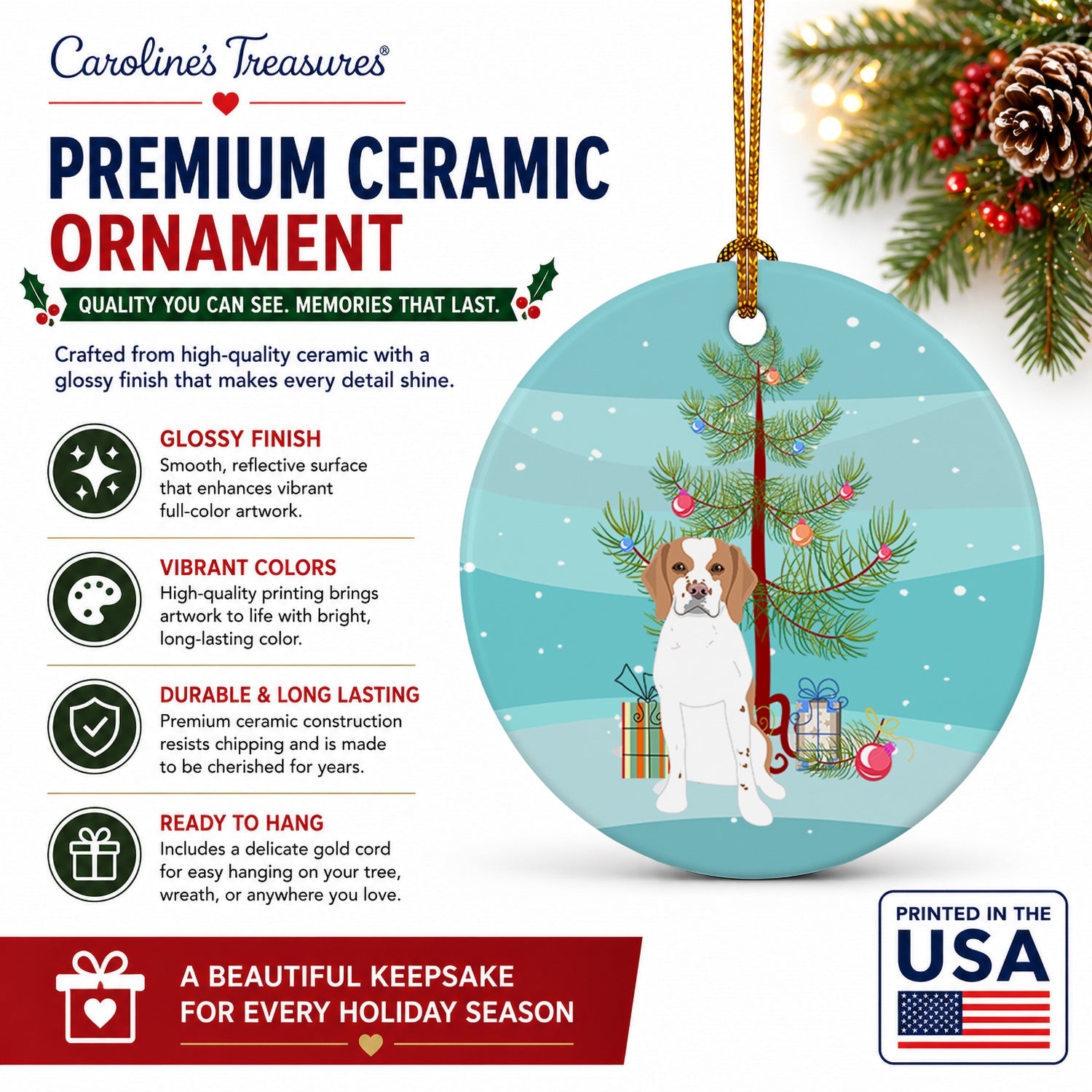 Beagle Red and White Red Ticked #1 Christmas Ceramic Ornament Christmas Tree Hanging Decorations for Home Christmas Holiday, Party, Gift, 3 in, Multicolor