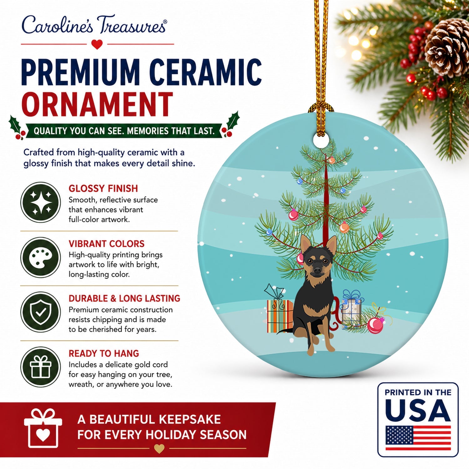 Chihuahua Black and Tan #1 Christmas Ceramic Ornament Christmas Tree Hanging Decorations for Home Christmas Holiday, Party, Gift, 3 in, Multicolor