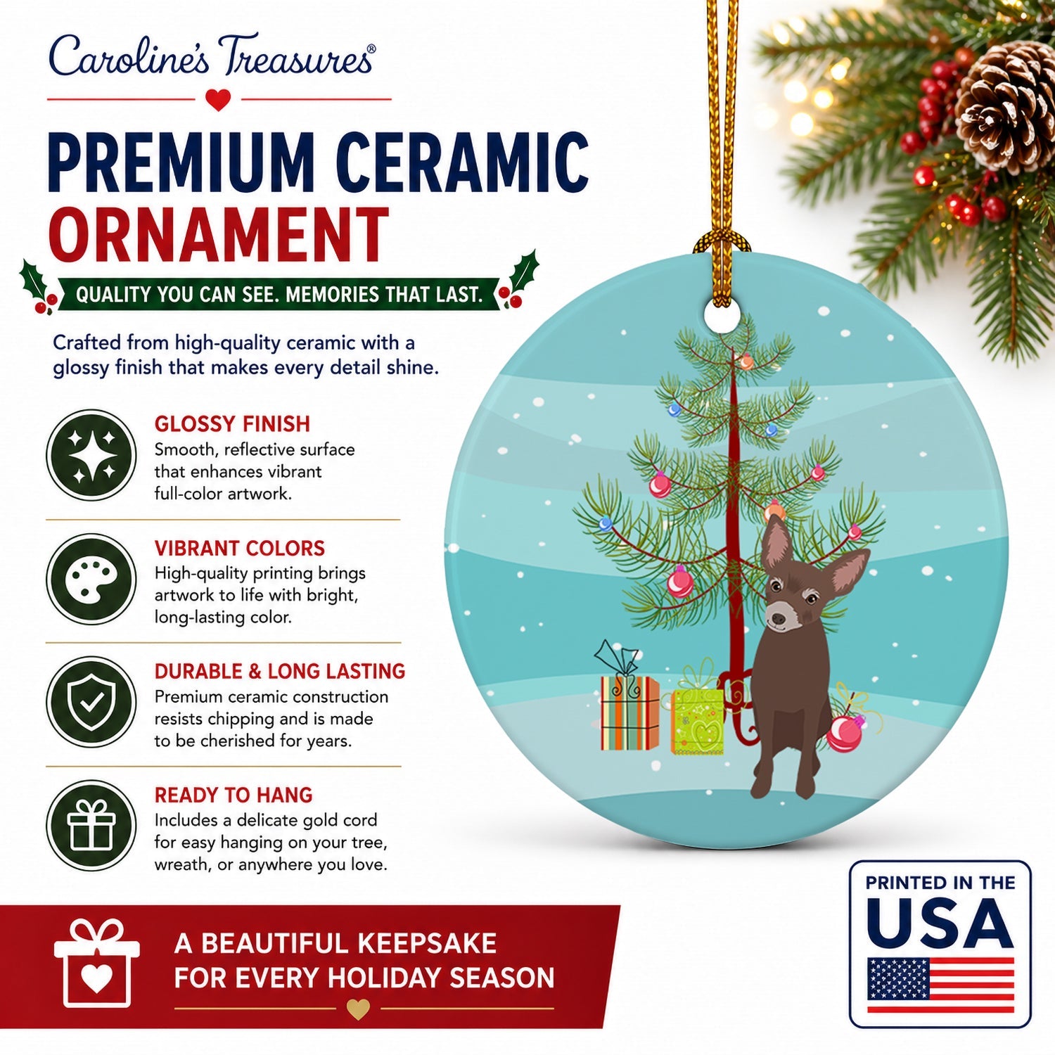 Chihuahua Chocolate #2 Christmas Ceramic Ornament Christmas Tree Hanging Decorations for Home Christmas Holiday, Party, Gift, 3 in, Multicolor