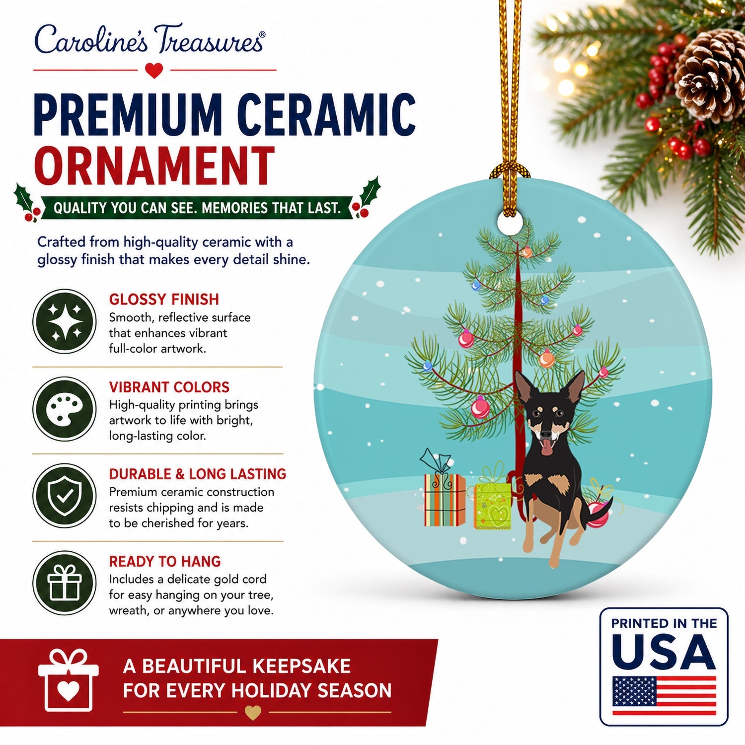 Chihuahua Tricolor #1 Christmas Ceramic Ornament Christmas Tree Hanging Decorations for Home Christmas Holiday, Party, Gift, 3 in, Multicolor