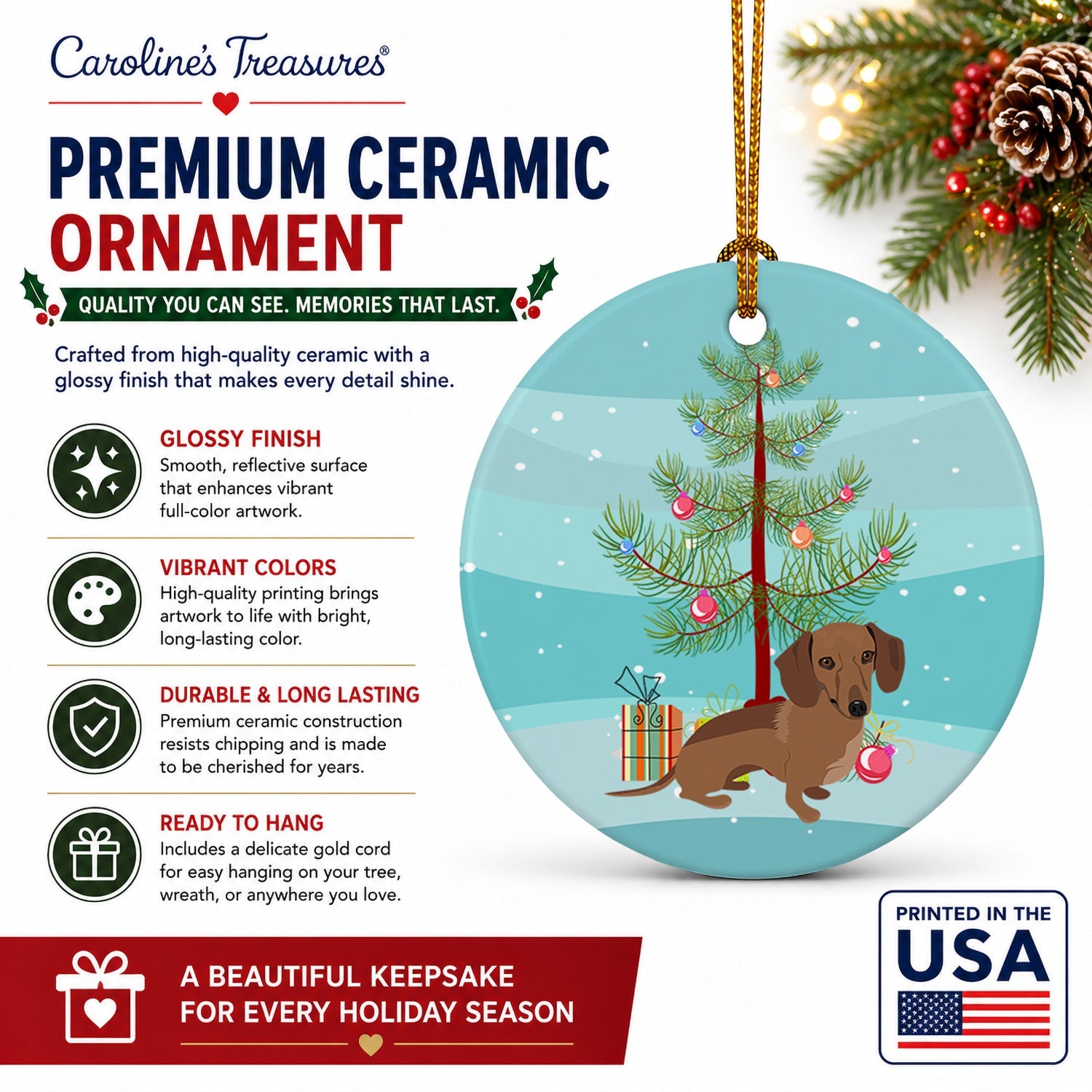 Dachshund Chocolate Christmas Ceramic Ornament Christmas Tree Hanging Decorations for Home Christmas Holiday, Party, Gift, 3 in, Multicolor
