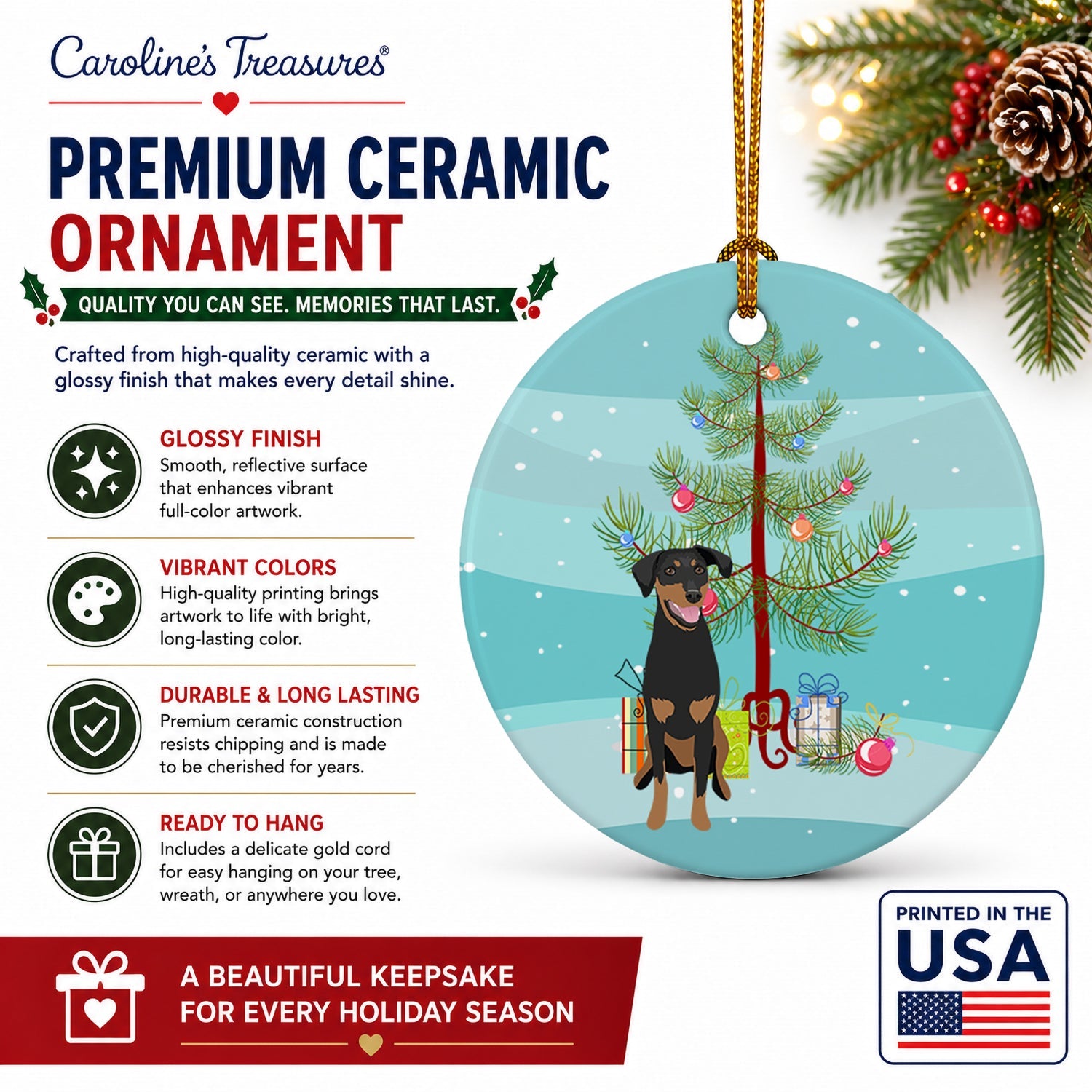 Doberman Pinscher Black and Rust Natural Ears #1 Christmas Ceramic Ornament Christmas Tree Hanging Decorations for Home Christmas Holiday, Party, Gift, 3 in, Multicolor