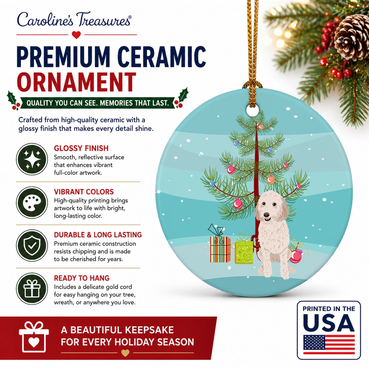 Doodle Cream #3 Christmas Ceramic Ornament Christmas Tree Hanging Decorations for Home Christmas Holiday, Party, Gift, 3 in, Multicolor