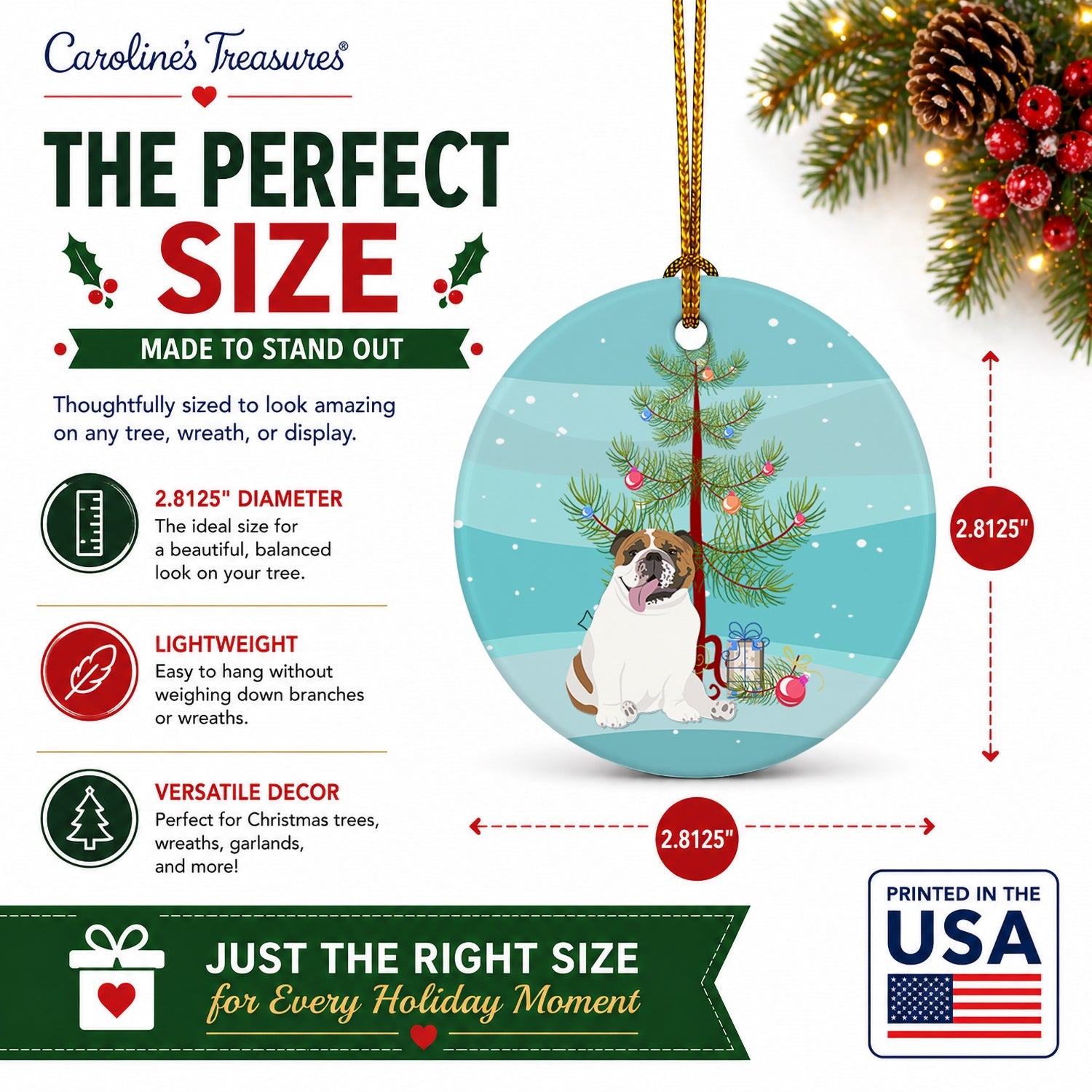 English Bulldog Tricolor #1 Christmas Ceramic Ornament Christmas Tree Hanging Decorations for Home Christmas Holiday, Party, Gift, 3 in, Multicolor
