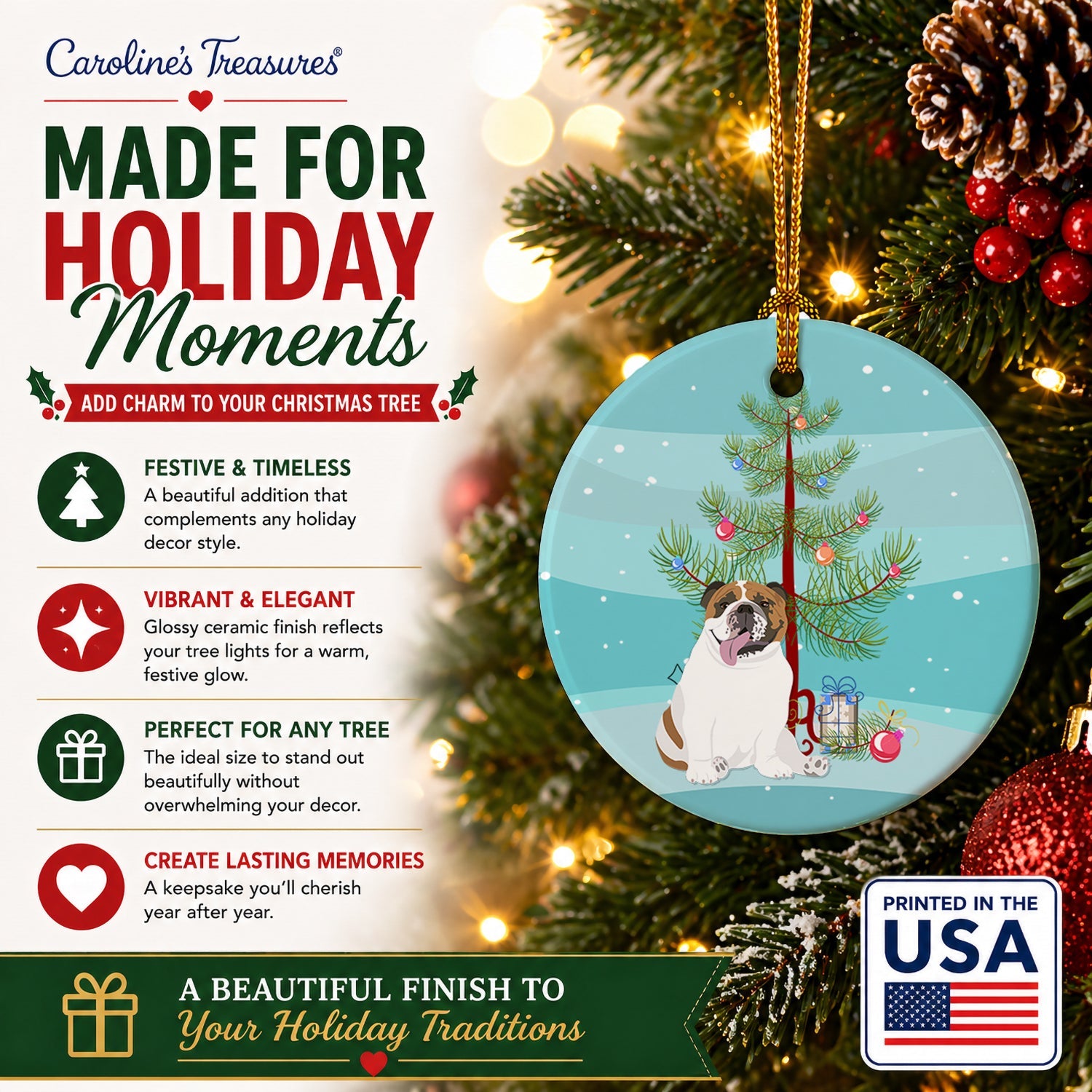 English Bulldog Tricolor #1 Christmas Ceramic Ornament Christmas Tree Hanging Decorations for Home Christmas Holiday, Party, Gift, 3 in, Multicolor