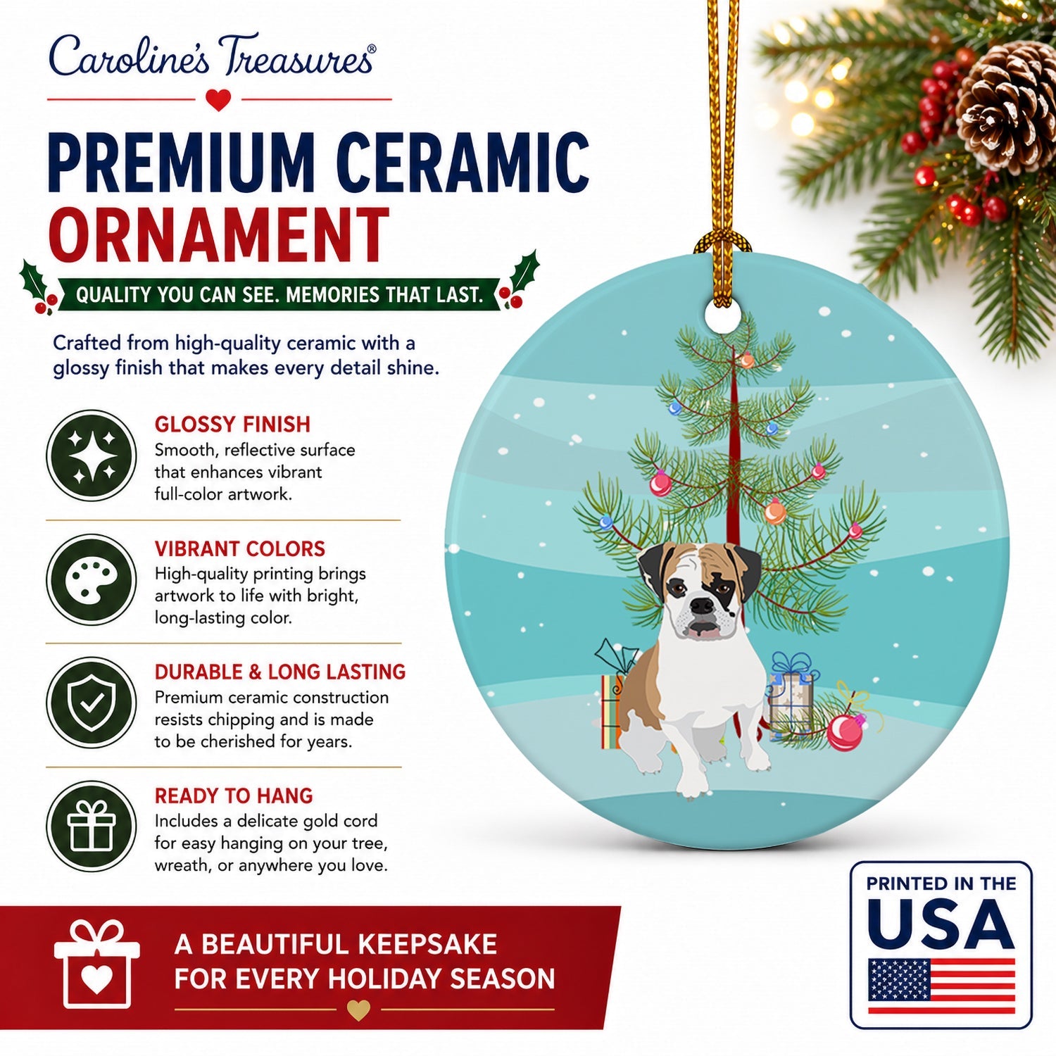 English Bulldog Tricolor #2 Christmas Ceramic Ornament Christmas Tree Hanging Decorations for Home Christmas Holiday, Party, Gift, 3 in, Multicolor