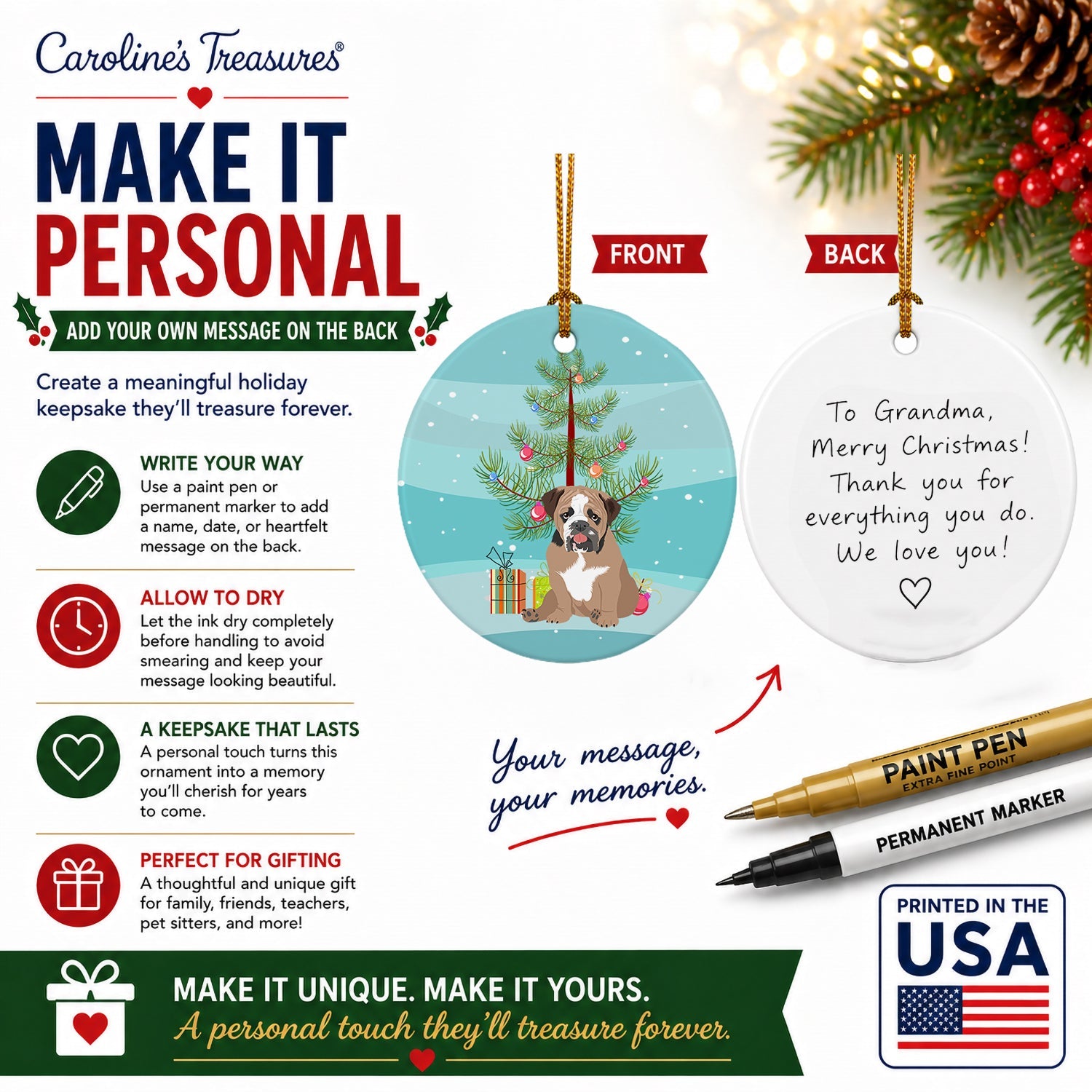 English Bulldog Tricolor #4 Christmas Ceramic Ornament Christmas Tree Hanging Decorations for Home Christmas Holiday, Party, Gift, 3 in, Multicolor