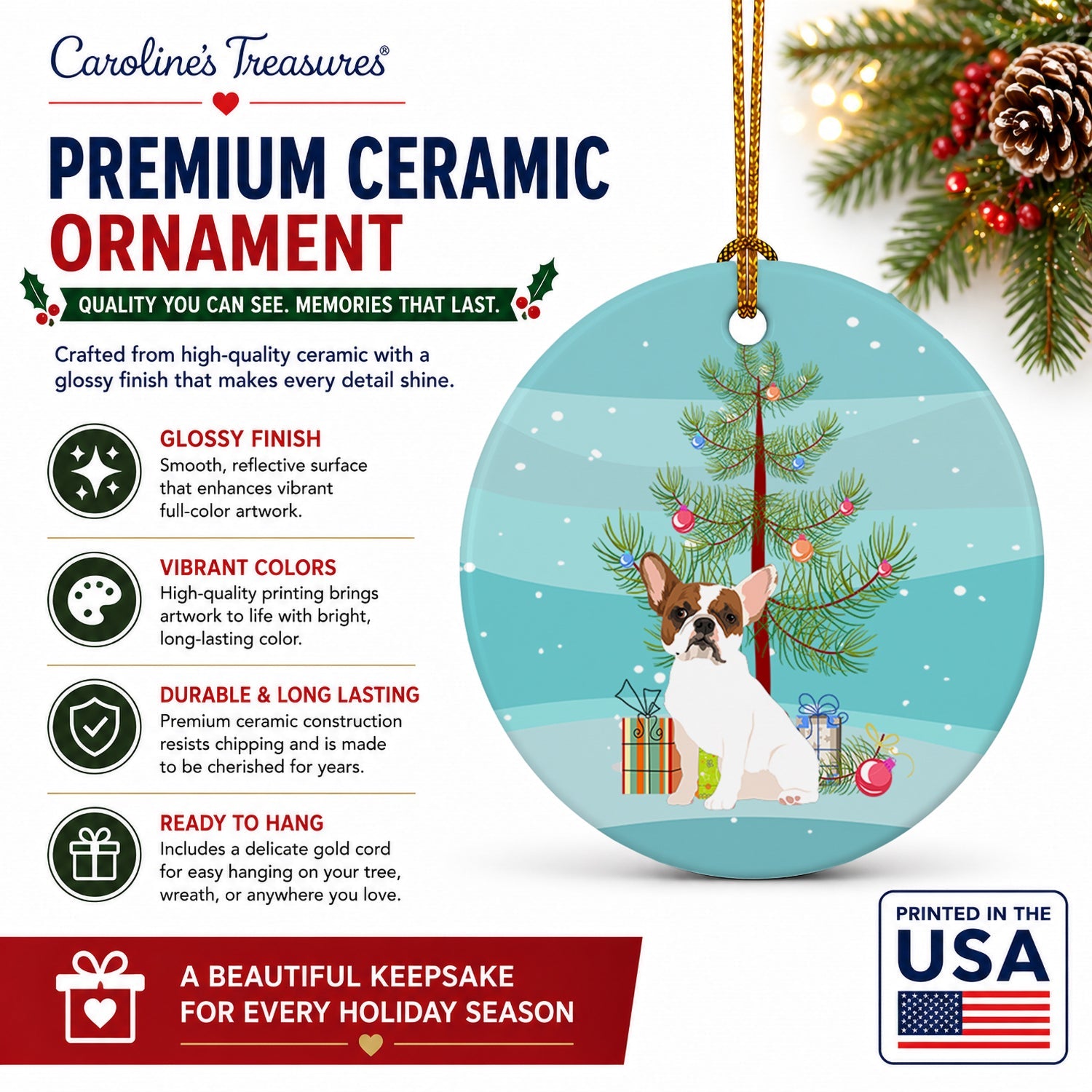 French Bulldog White #2 Christmas Ceramic Ornament Christmas Tree Hanging Decorations for Home Christmas Holiday, Party, Gift, 3 in, Multicolor