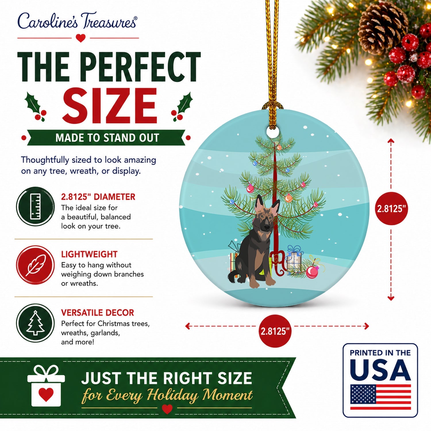 German Shepherd Puppy Christmas Ceramic Ornament Christmas Tree Hanging Decorations for Home Christmas Holiday, Party, Gift, 3 in, Multicolor