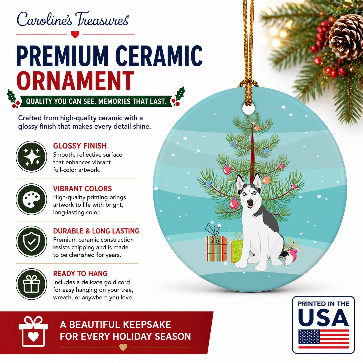 Siberian Husky Puppy Christmas Ceramic Ornament Christmas Tree Hanging Decorations for Home Christmas Holiday, Party, Gift, 3 in, Multicolor