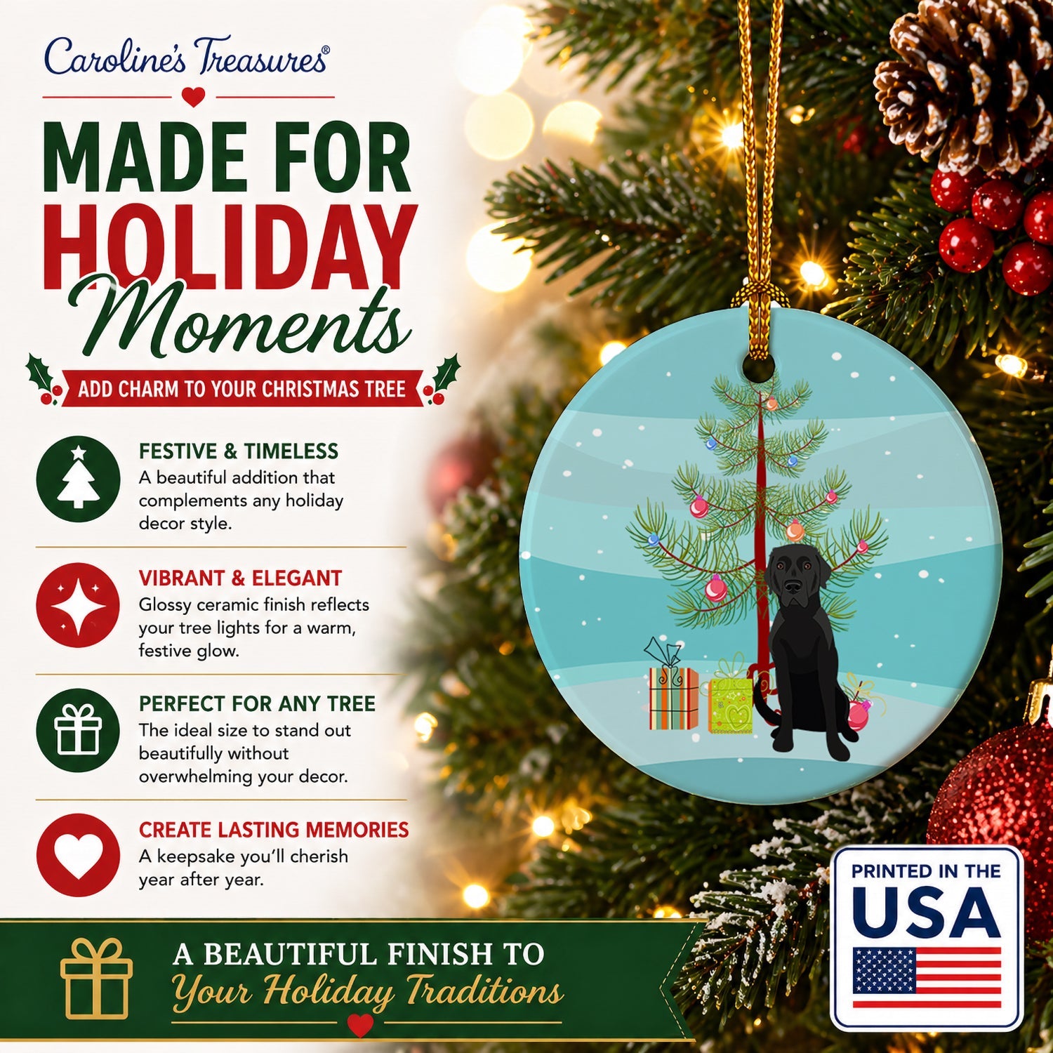 Labrador Retriever Black #2 Christmas Ceramic Ornament Christmas Tree Hanging Decorations for Home Christmas Holiday, Party, Gift, 3 in, Multicolor