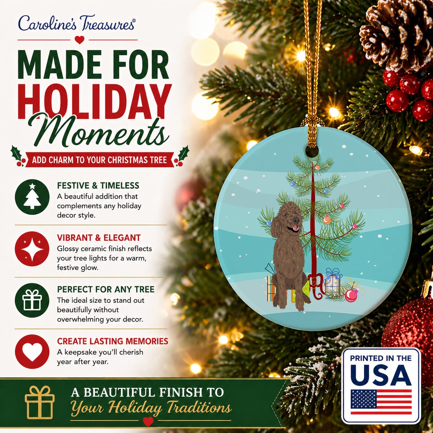 Poodle Standard Brown Christmas Ceramic Ornament Christmas Tree Hanging Decorations for Home Christmas Holiday, Party, Gift, 3 in, Multicolor