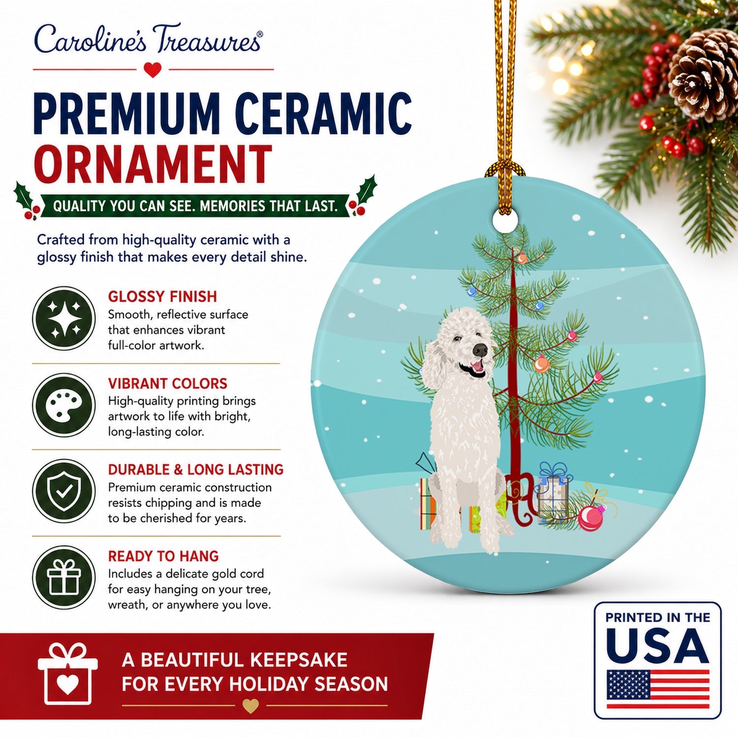 Poodle Standard White Christmas Ceramic Ornament Christmas Tree Hanging Decorations for Home Christmas Holiday, Party, Gift, 3 in, Multicolor