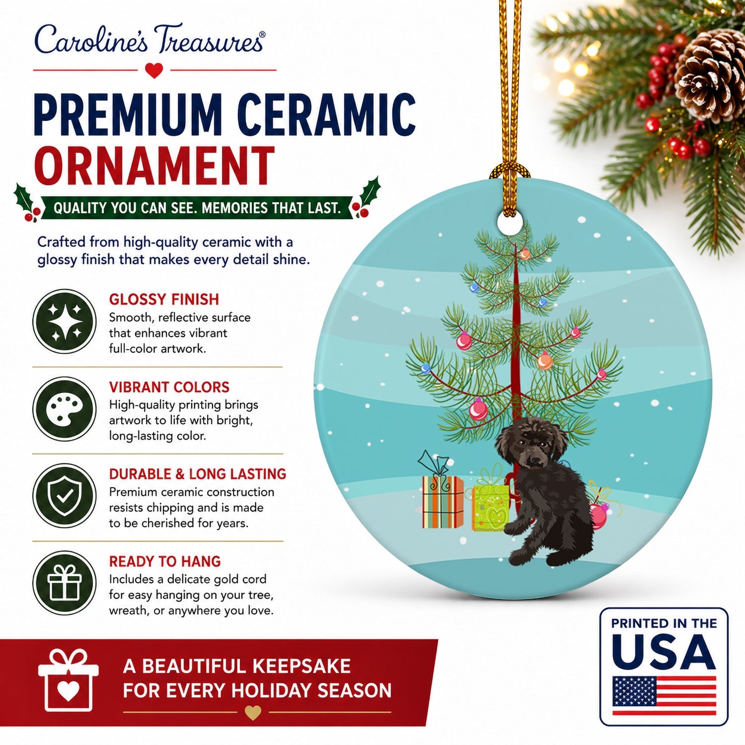 Poodle Toy Brown Christmas Ceramic Ornament Christmas Tree Hanging Decorations for Home Christmas Holiday, Party, Gift, 3 in, Multicolor