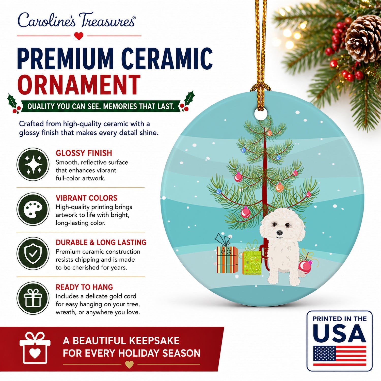 Poodle Toy White Christmas Ceramic Ornament Christmas Tree Hanging Decorations for Home Christmas Holiday, Party, Gift, 3 in, Multicolor
