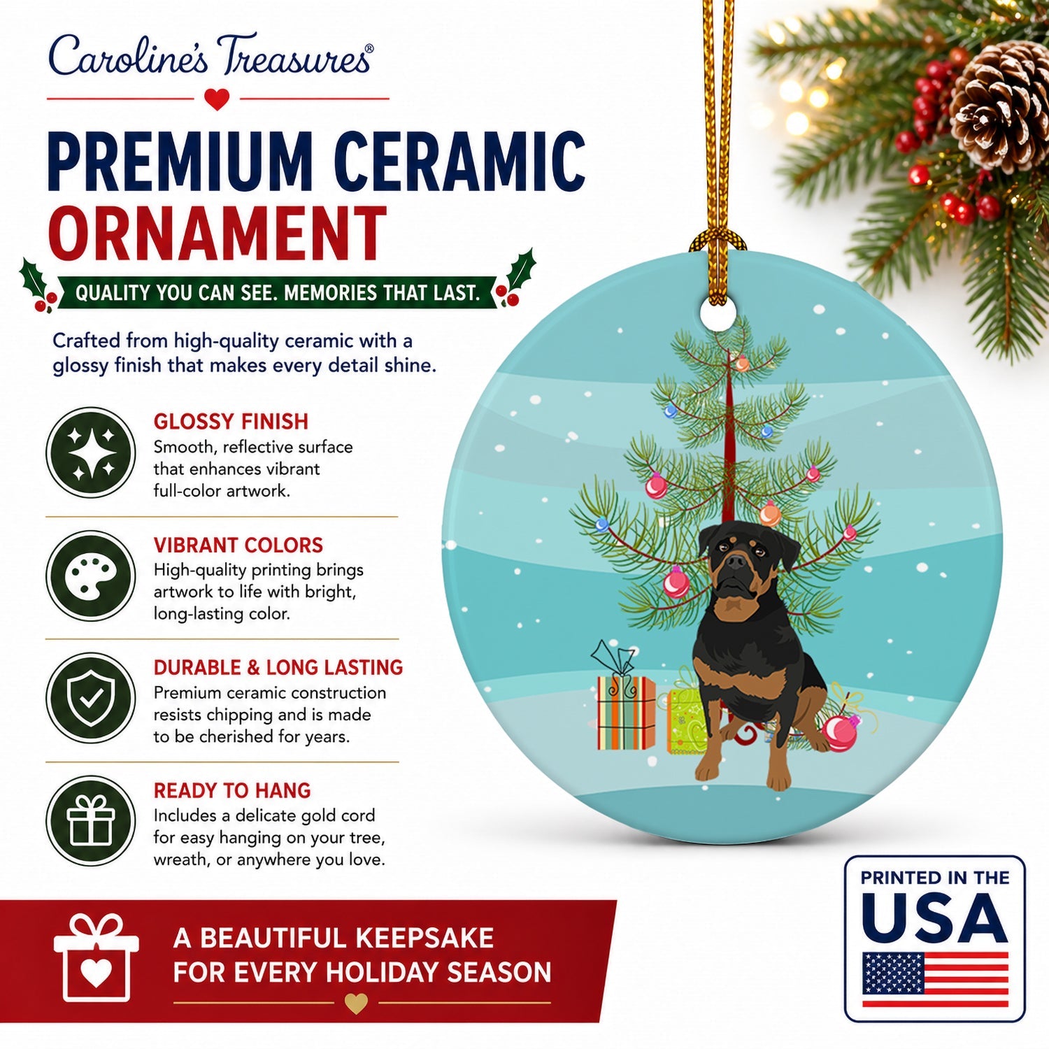 Rottweiler Black and Mahogany Christmas Ceramic Ornament Christmas Tree Hanging Decorations for Home Christmas Holiday, Party, Gift, 3 in, Multicolor